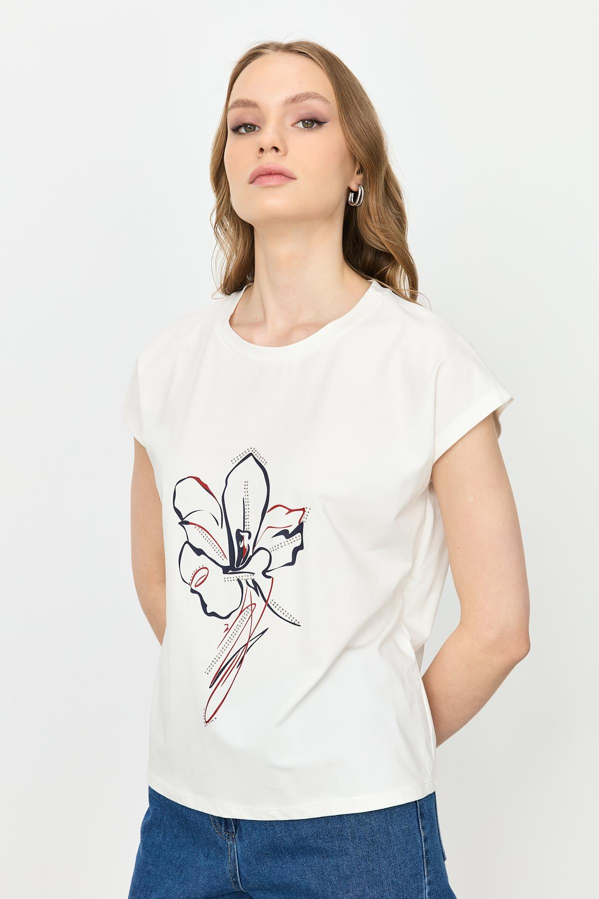 Çiçek Baskı Pamuklu Bluz-KIRMIZI