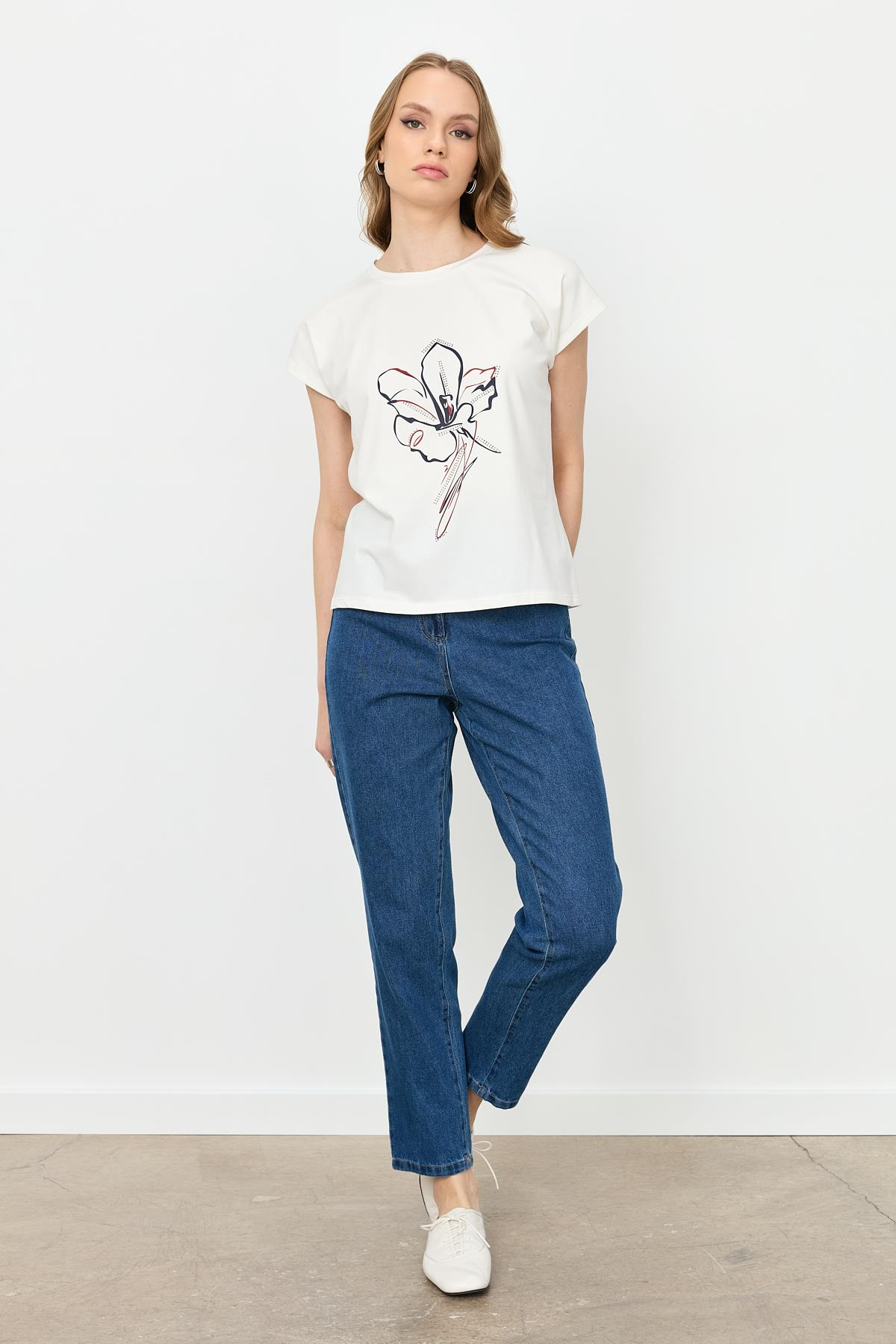 Çiçek Baskı Pamuklu Bluz-KIRMIZI