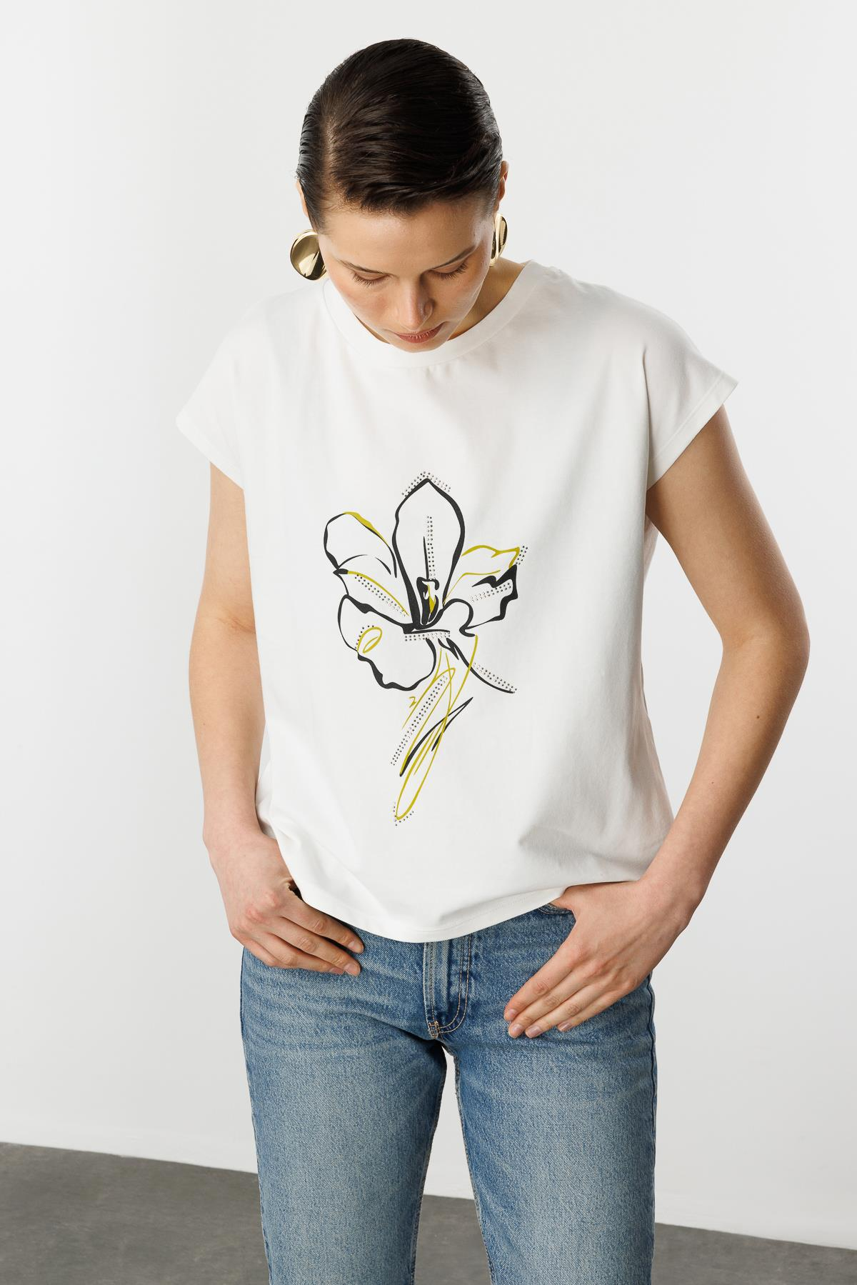 Çiçek Baskı Pamuklu Bluz-Y.YEŞİLİ