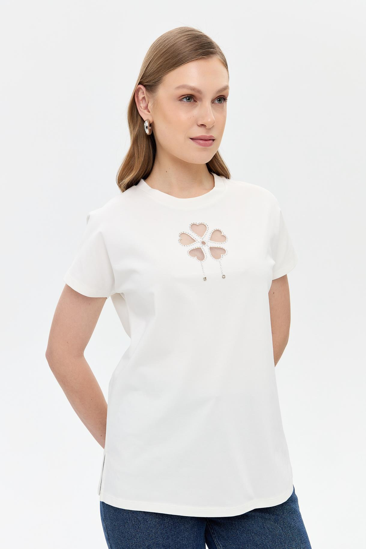 Çiçek Desen Kısa Kol Tişört - KEMIK