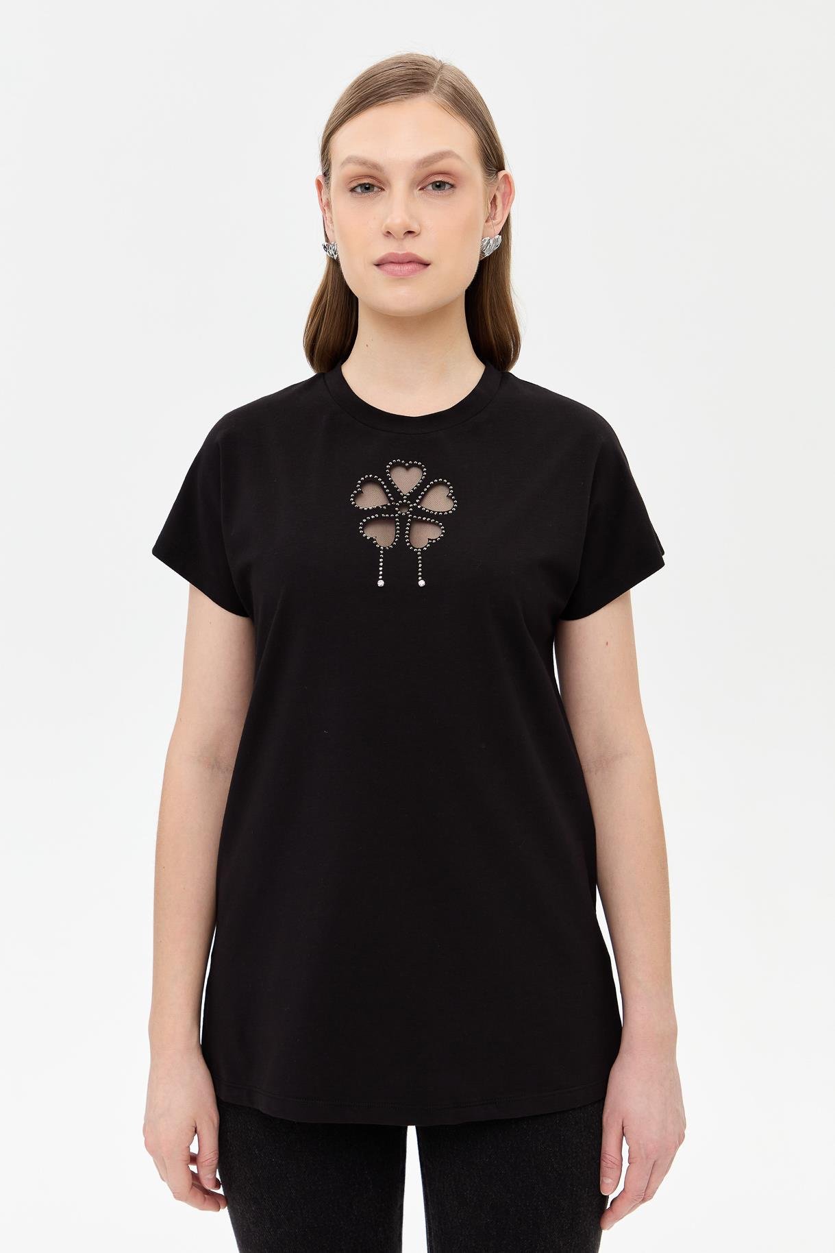 Çiçek Desen Kısa Kol Tişört - SİYAH