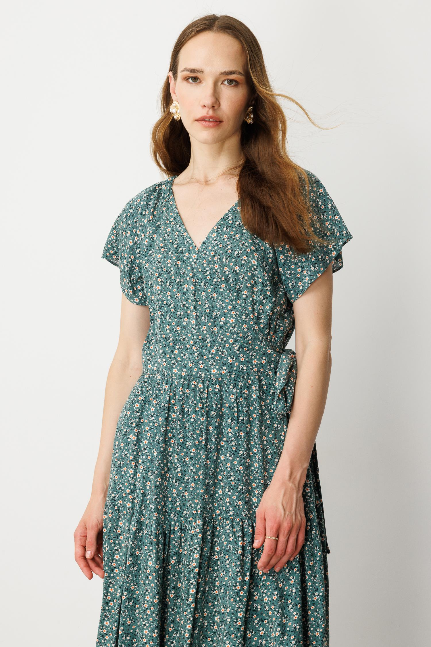 Çiçek Desenli Kruvaze Yaka Uzun Elbise-YEŞİL