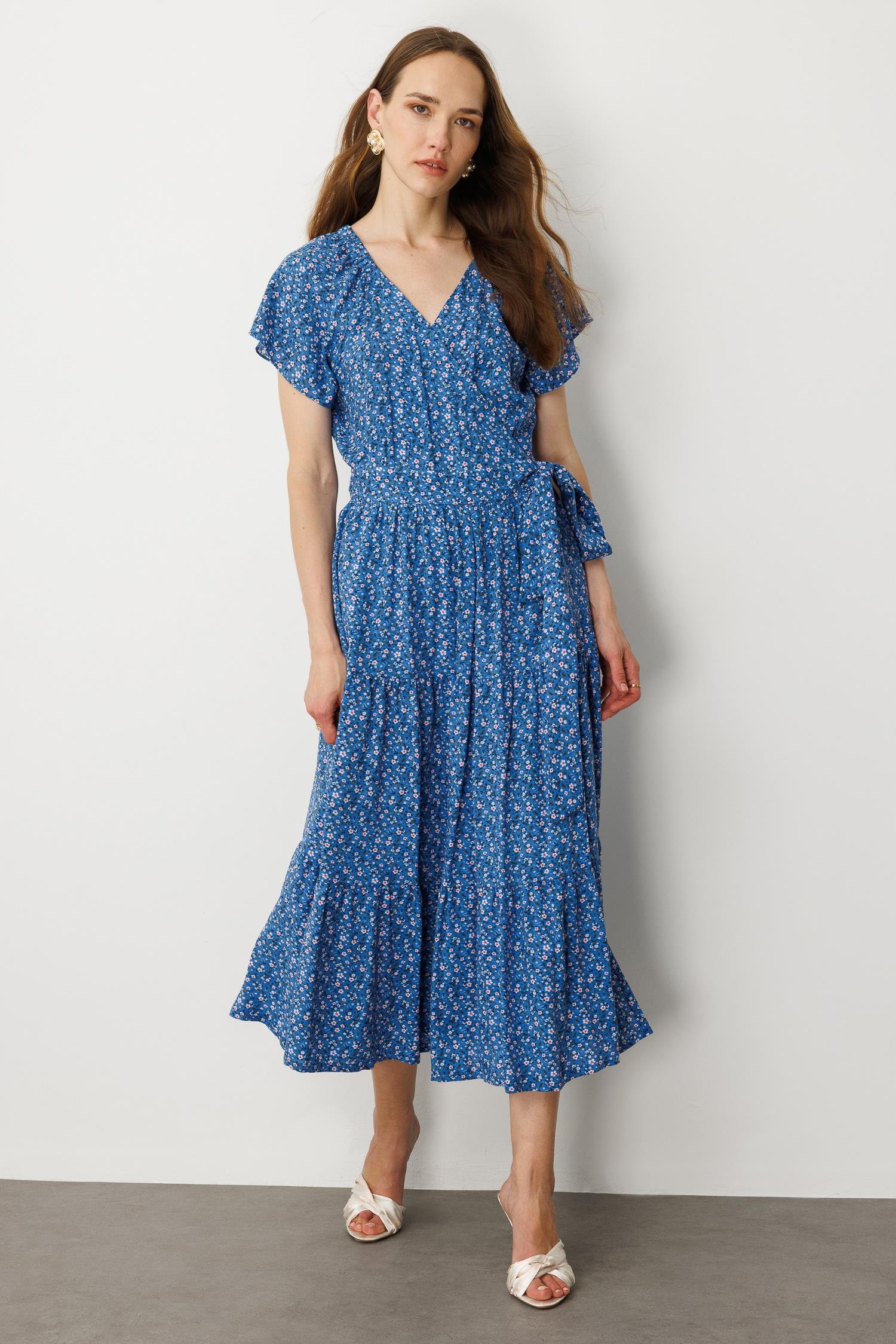 Çiçek Desenli Kruvaze Yaka Uzun Elbise-MAVİ