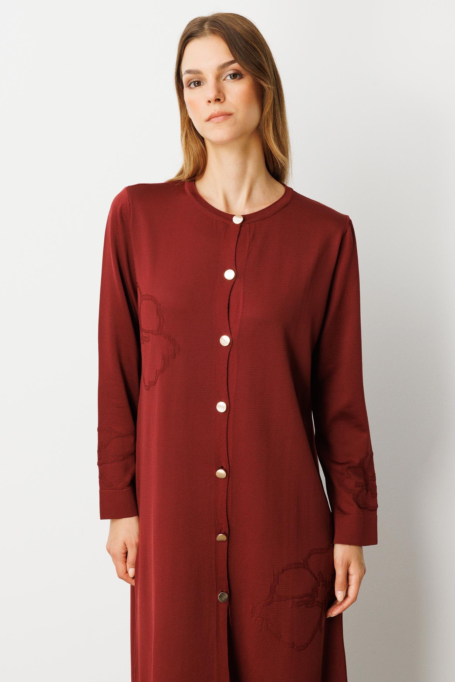 Çiçek Desenli Uzun Triko Hırka-BORDO