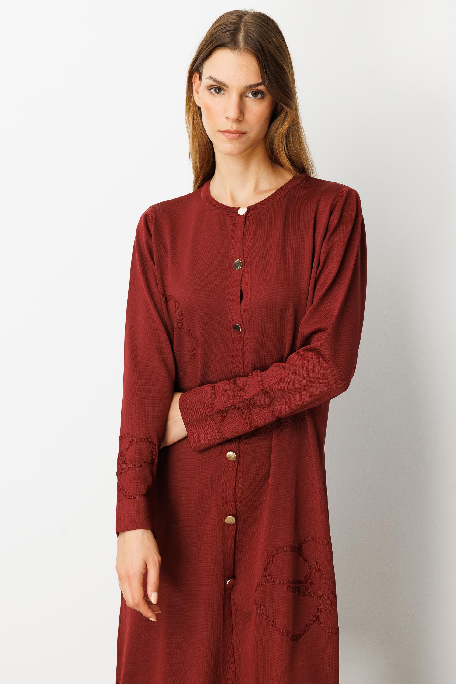 Çiçek Desenli Uzun Triko Hırka-BORDO