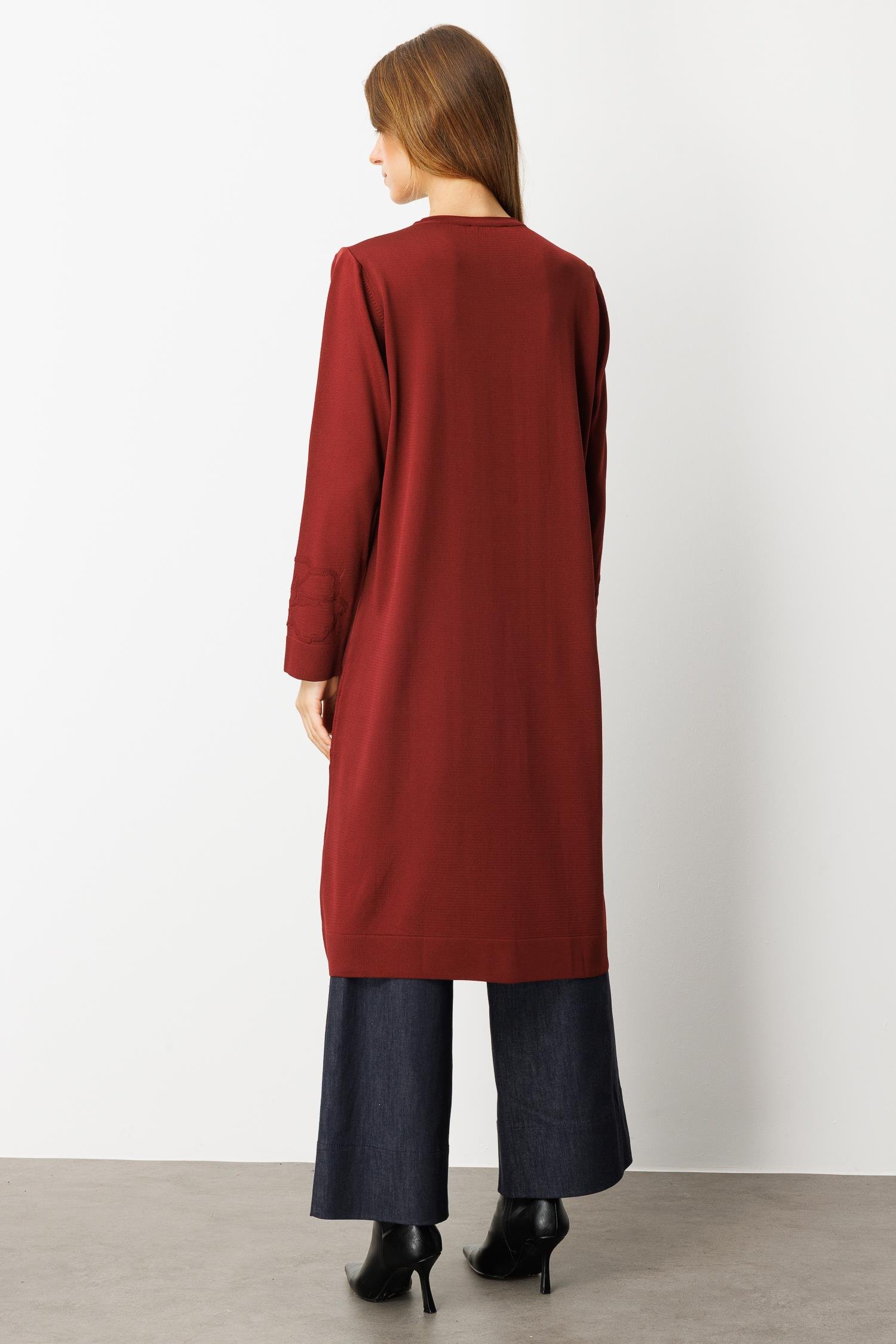 Çiçek Desenli Uzun Triko Hırka-BORDO