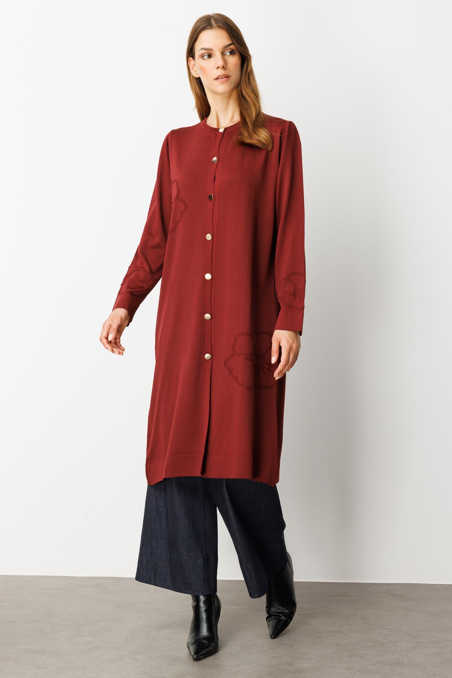 Çiçek Desenli Uzun Triko Hırka-BORDO