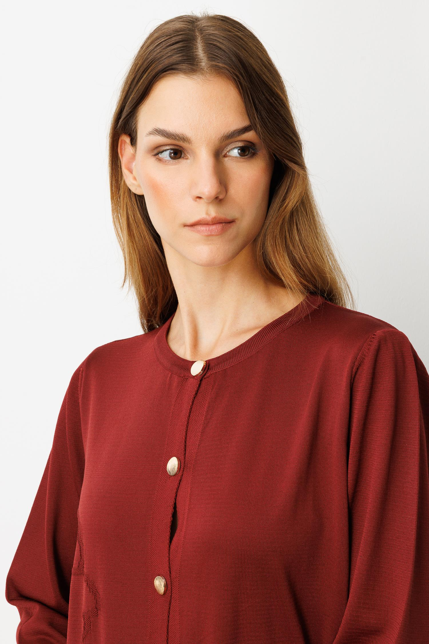 Çiçek Desenli Uzun Triko Hırka-BORDO