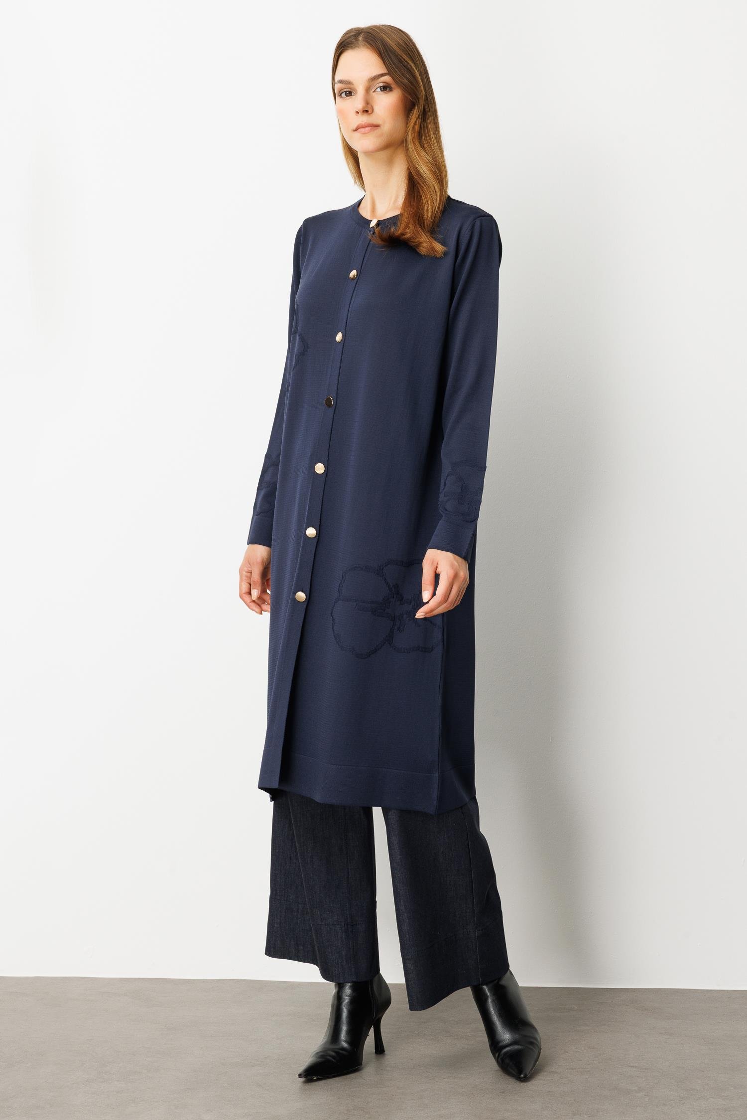 Çiçek Desenli Uzun Triko Hırka-LACI