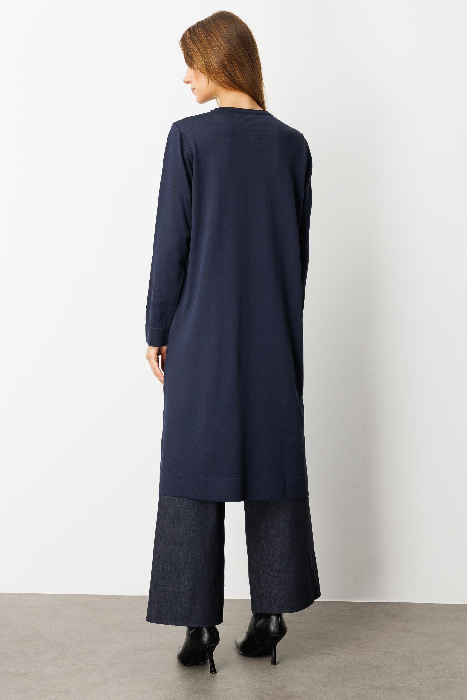 Çiçek Desenli Uzun Triko Hırka-LACI