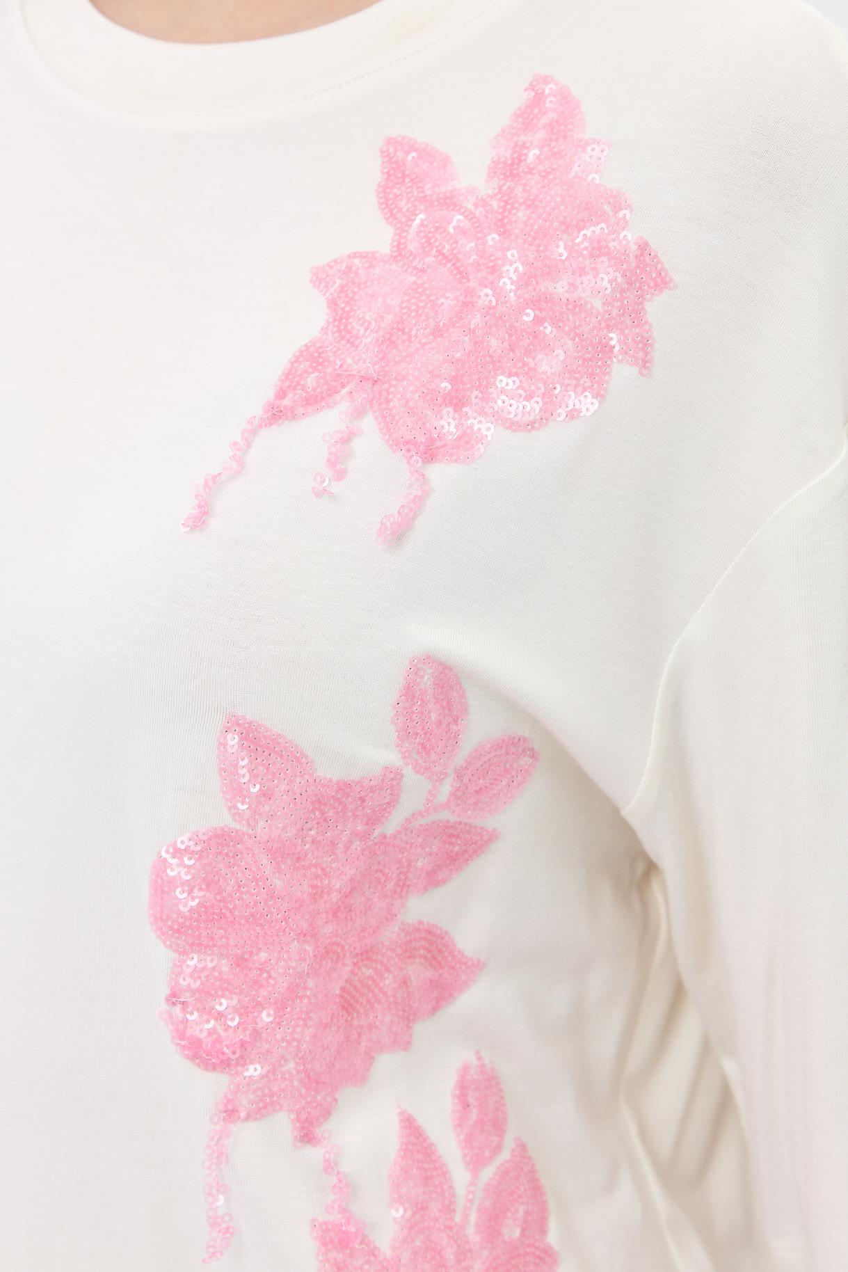 Çiçek İşlemeli Kısa Kollu Tişört - PEMBE