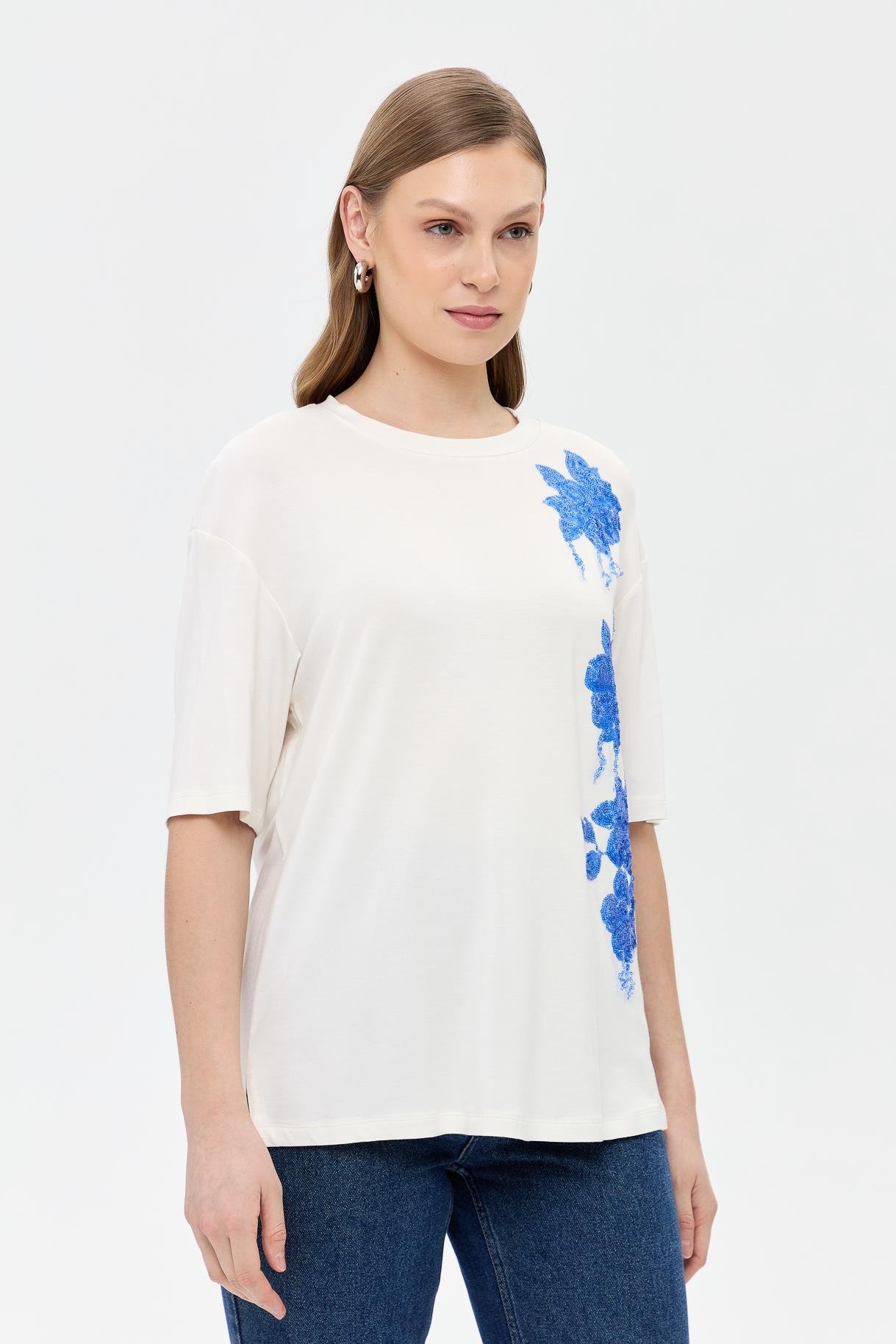 Çiçek İşlemeli Kısa Kollu Tişört - SAX