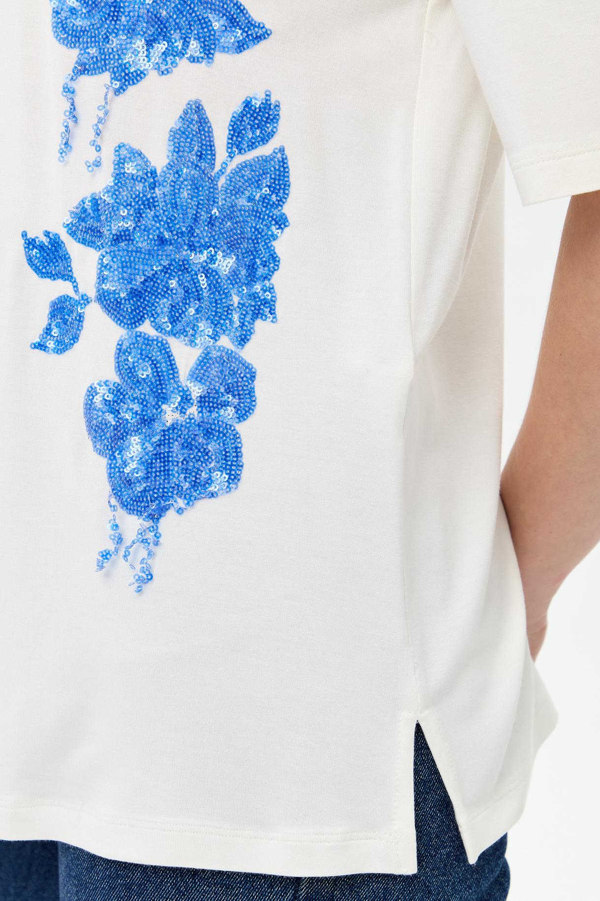 Çiçek İşlemeli Kısa Kollu Tişört - SAX