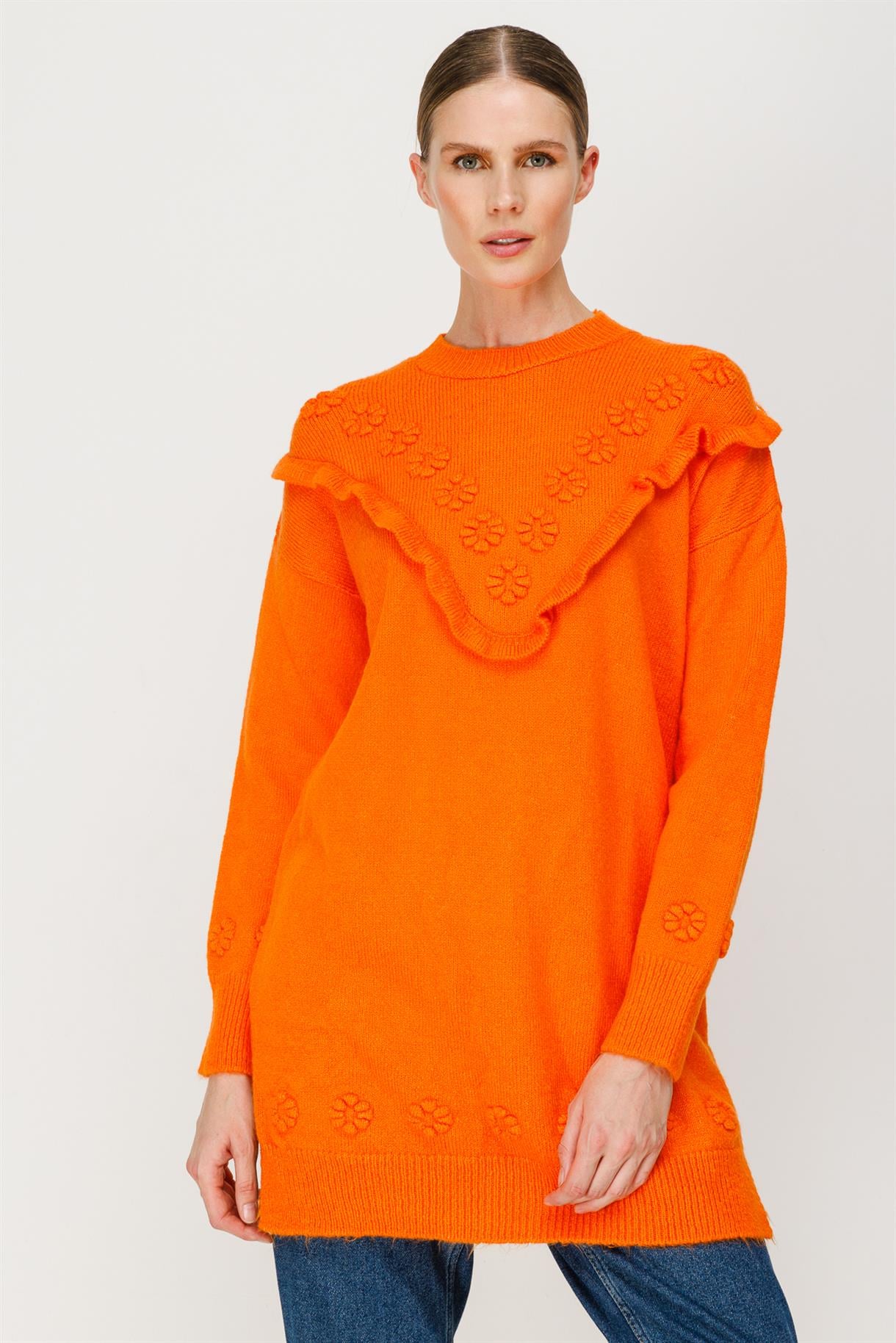 Çiçek Motifli Volanlı Triko Tunik - ORANJE