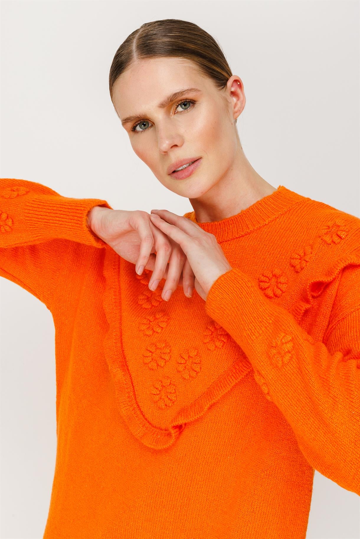 Çiçek Motifli Volanlı Triko Tunik - ORANJE