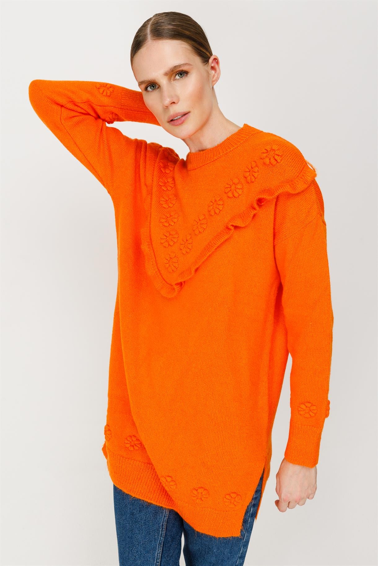 Çiçek Motifli Volanlı Triko Tunik - ORANJE