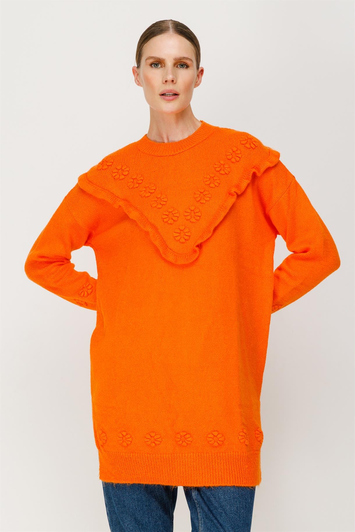 Çiçek Motifli Volanlı Triko Tunik - ORANJE