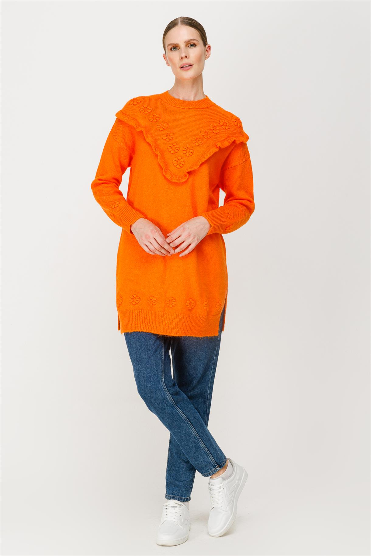 Çiçek Motifli Volanlı Triko Tunik - ORANJE
