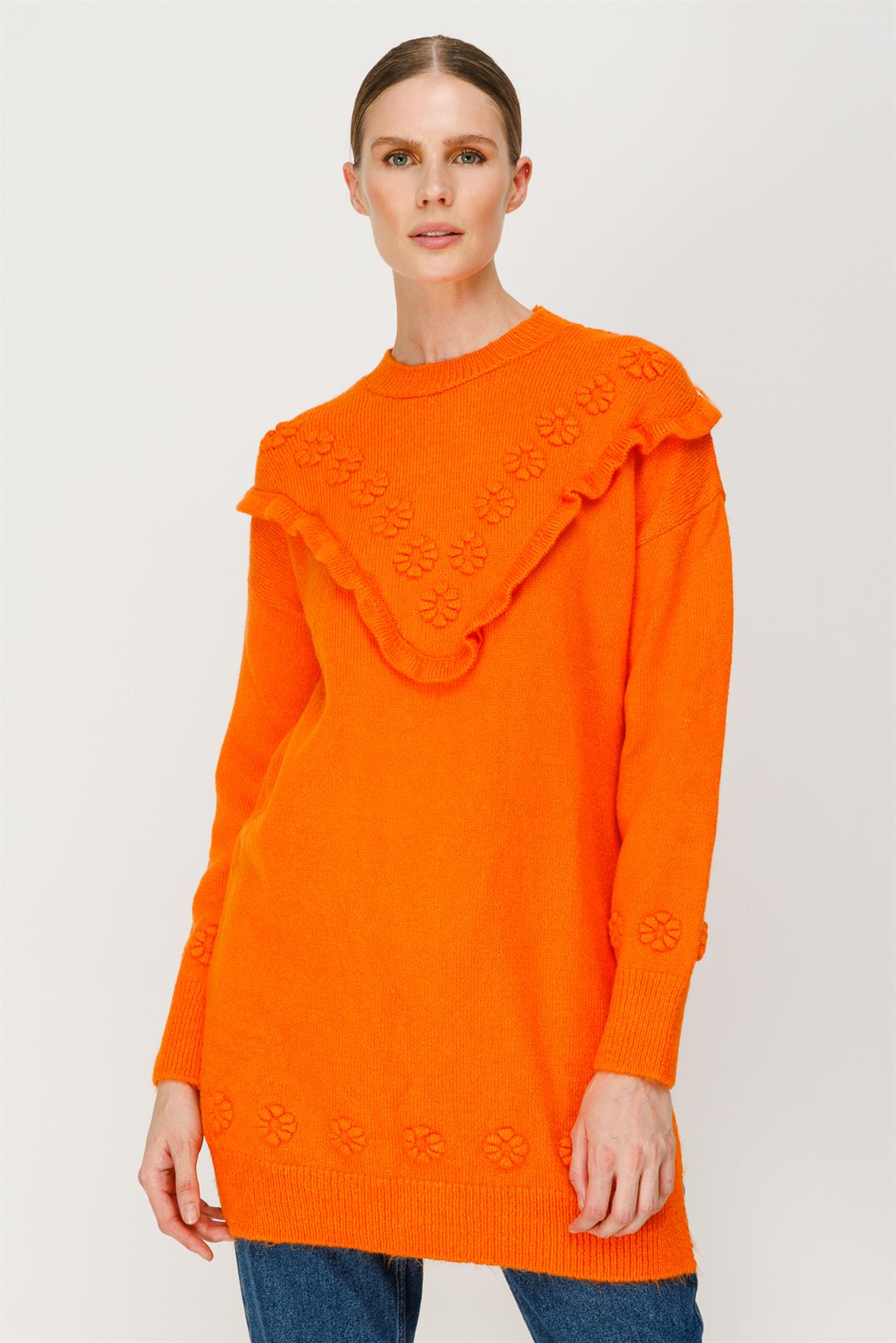 Çiçek Motifli Volanlı Triko Tunik - ORANJE