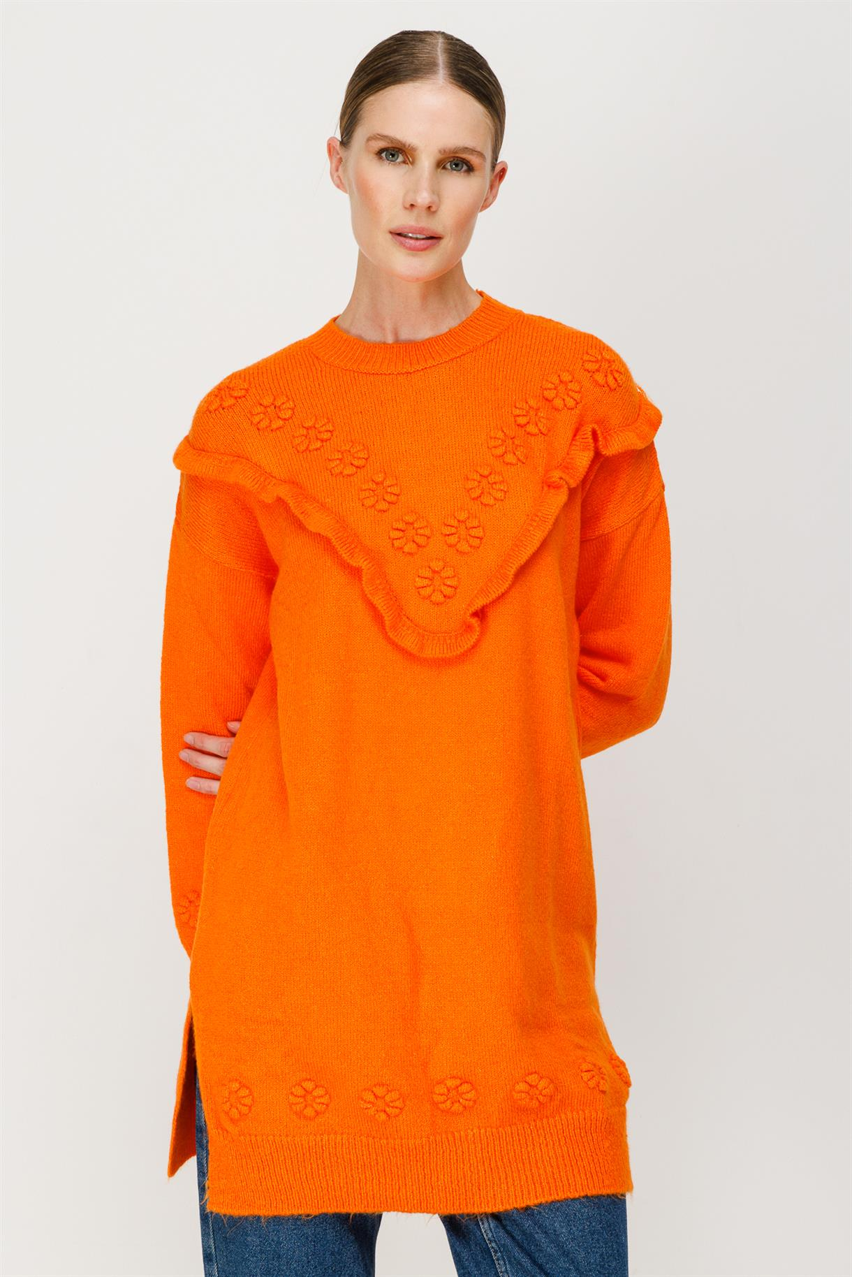 Çiçek Motifli Volanlı Triko Tunik - ORANJE
