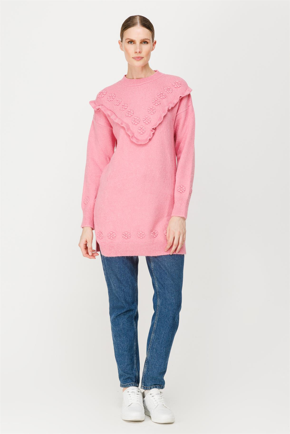 Çiçek Motifli Volanlı Triko Tunik - PEMBE