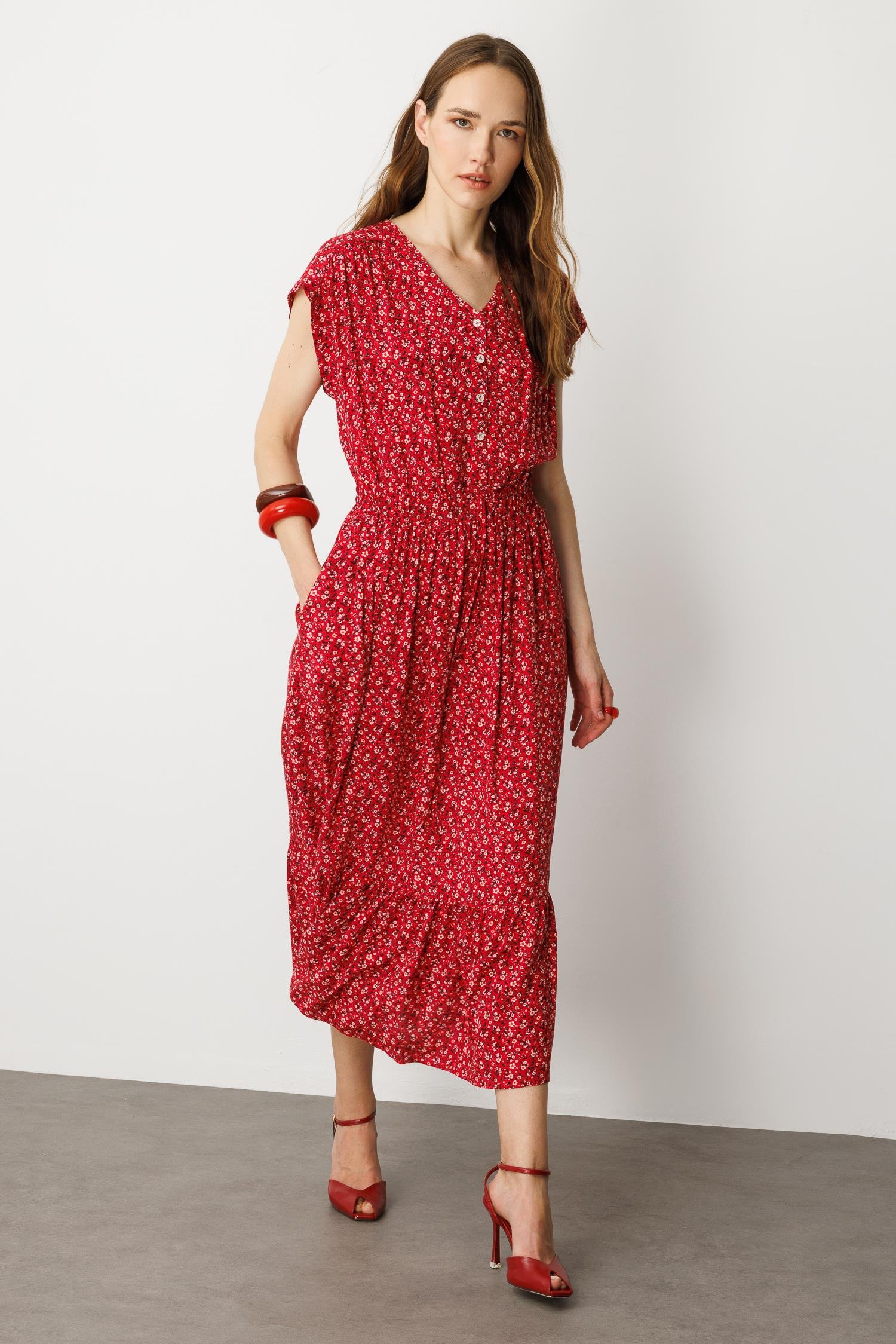 Çiçekli Viskon Elbise-KIRMIZI