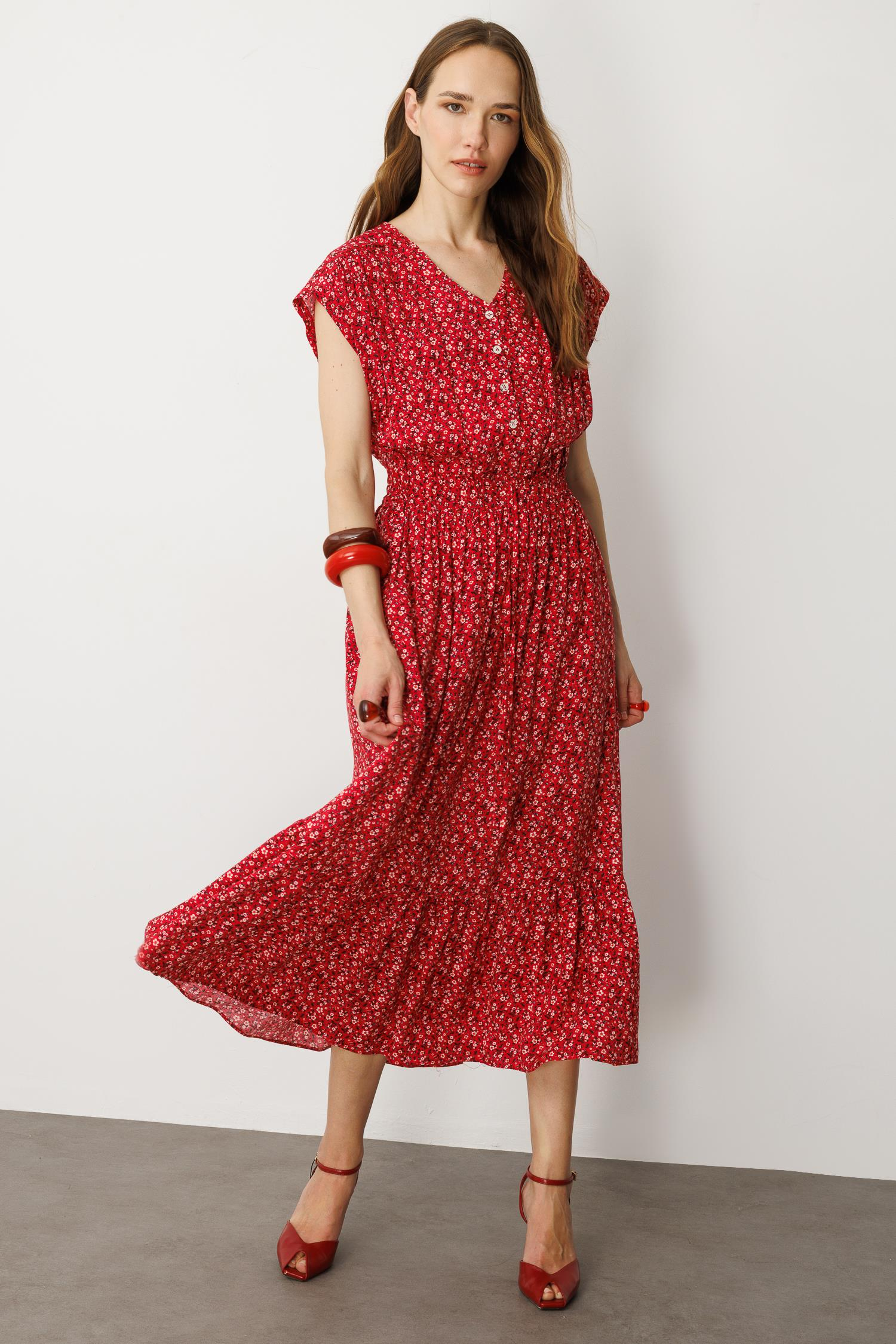 Çiçekli Viskon Elbise-KIRMIZI