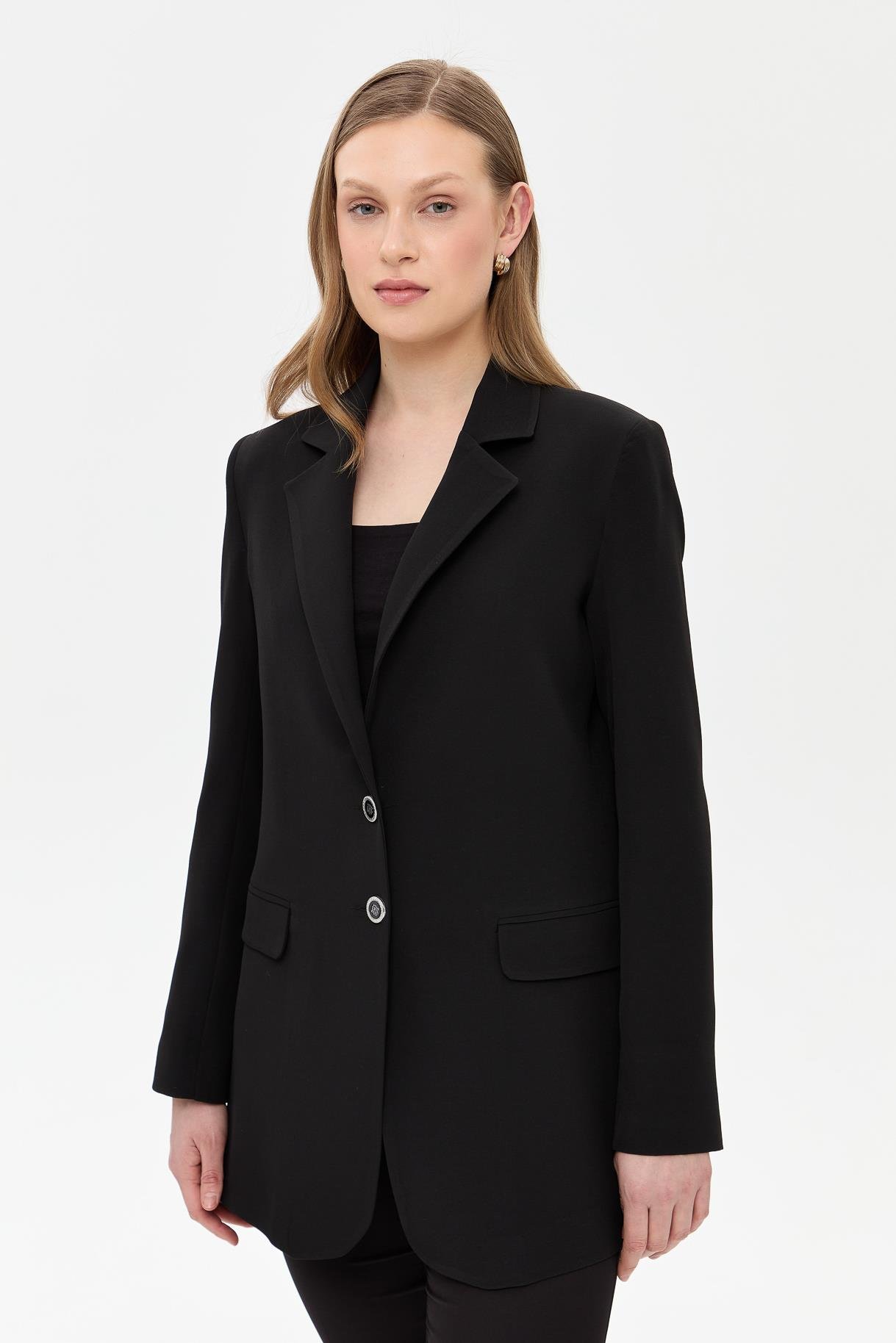 Çift Düğmeli Cep Detaylı Krep Ceket - SİYAH