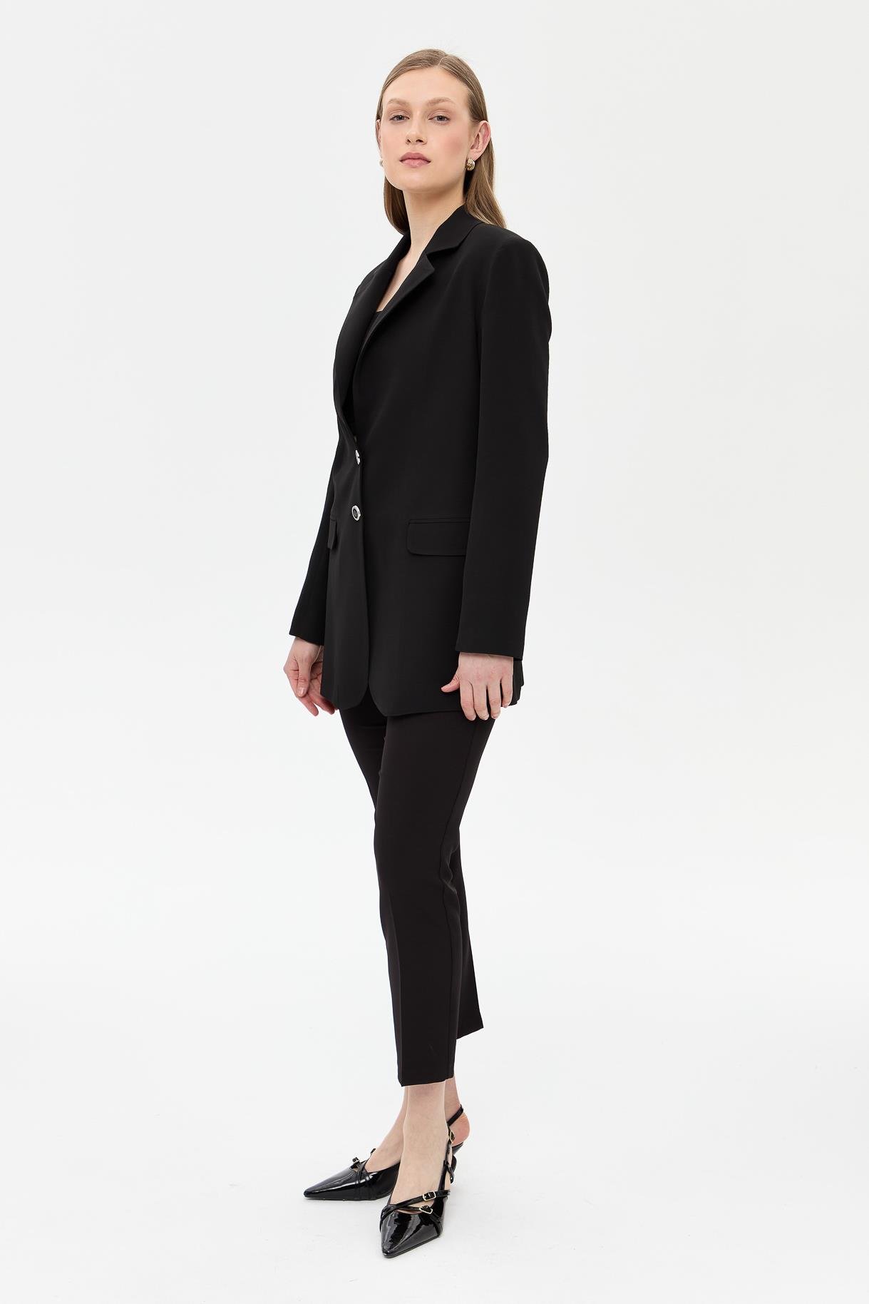 Çift Düğmeli Cep Detaylı Krep Ceket - SİYAH