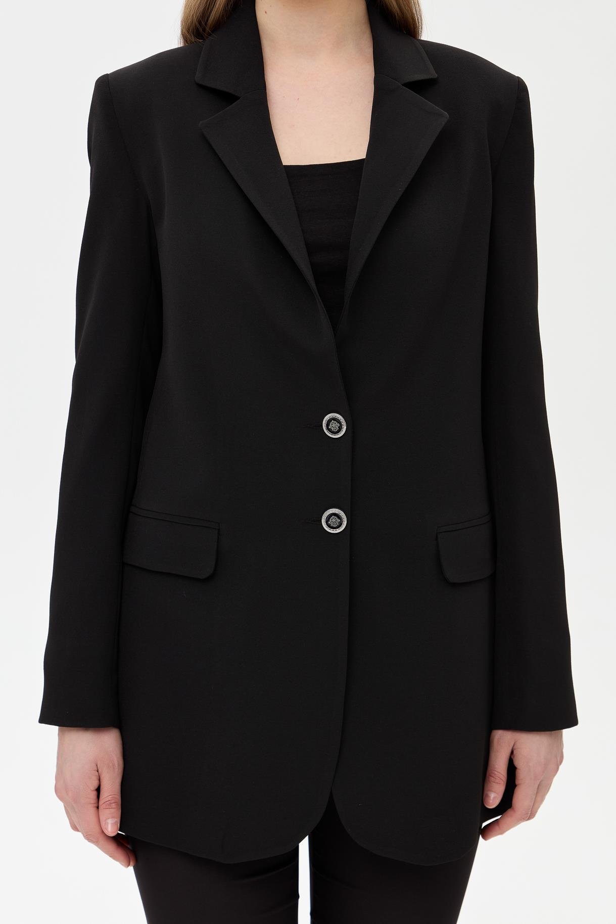 Çift Düğmeli Cep Detaylı Krep Ceket - SİYAH