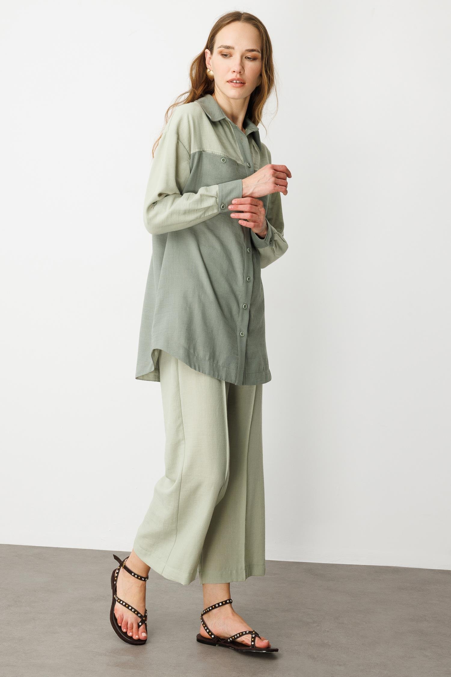 Çift Renk Keten Görünümlü Tunik Gömlek-MINT