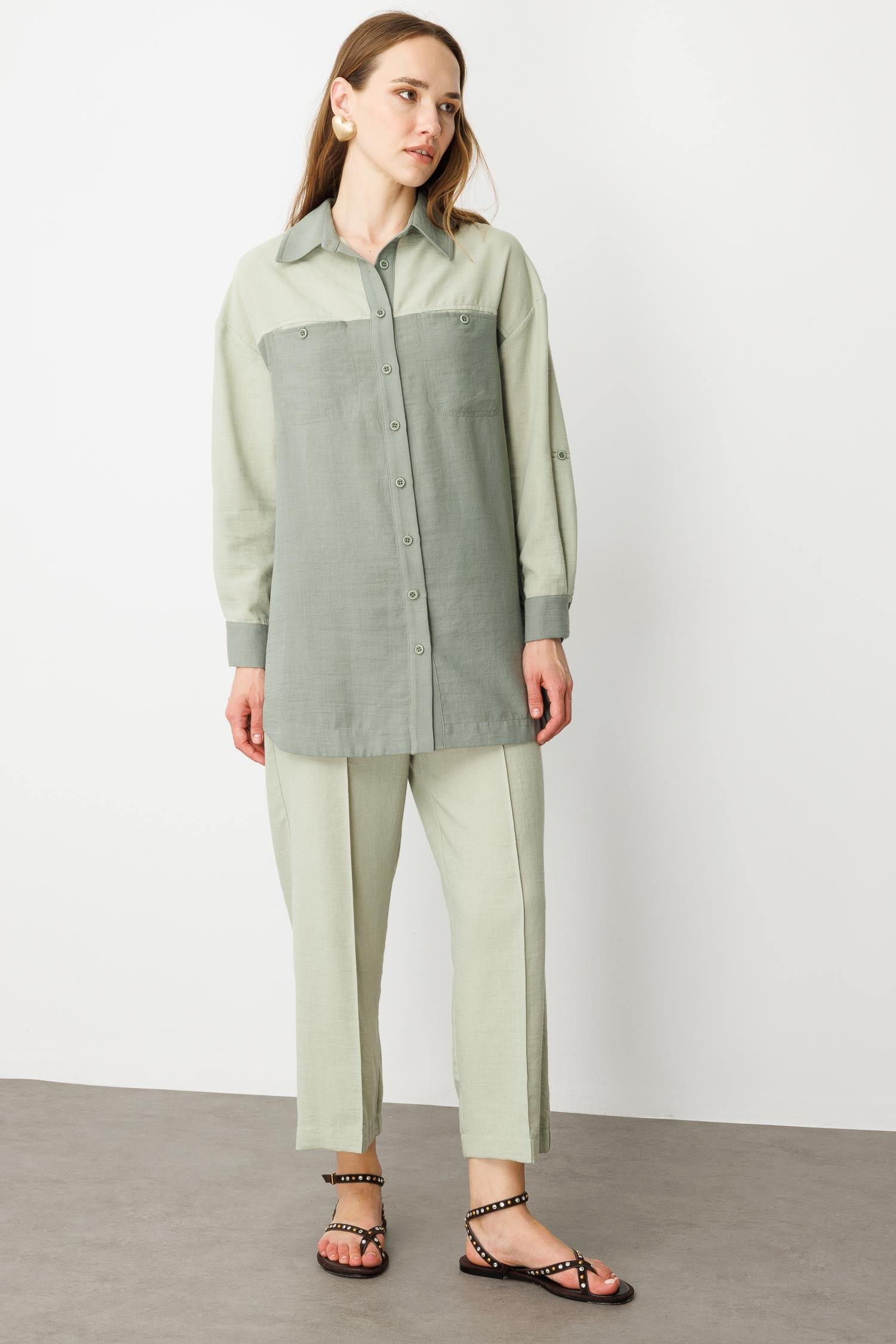 Çift Renk Keten Görünümlü Tunik Gömlek-MINT