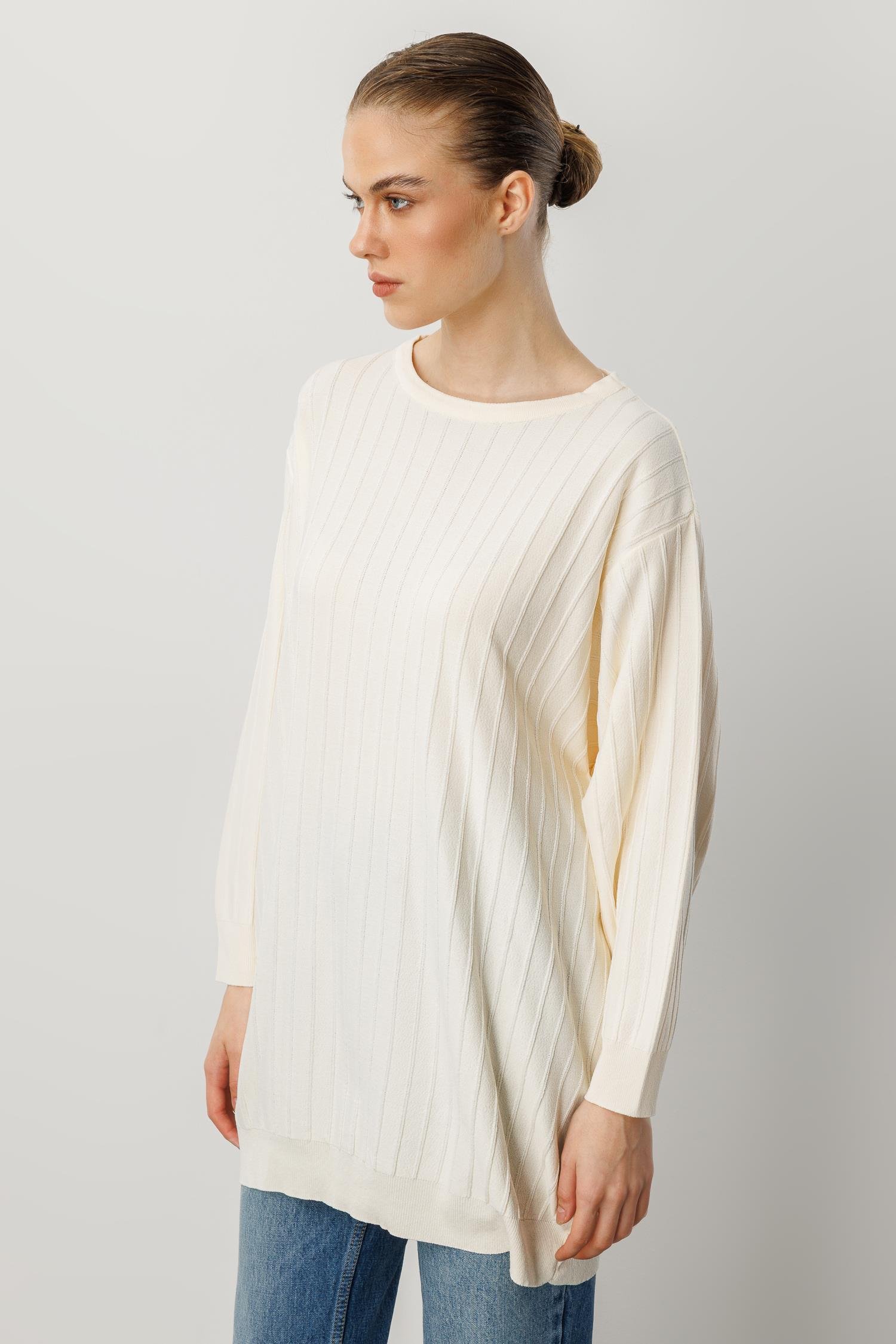 Çizgi Desen Pamuklu Triko Tunik-KREM