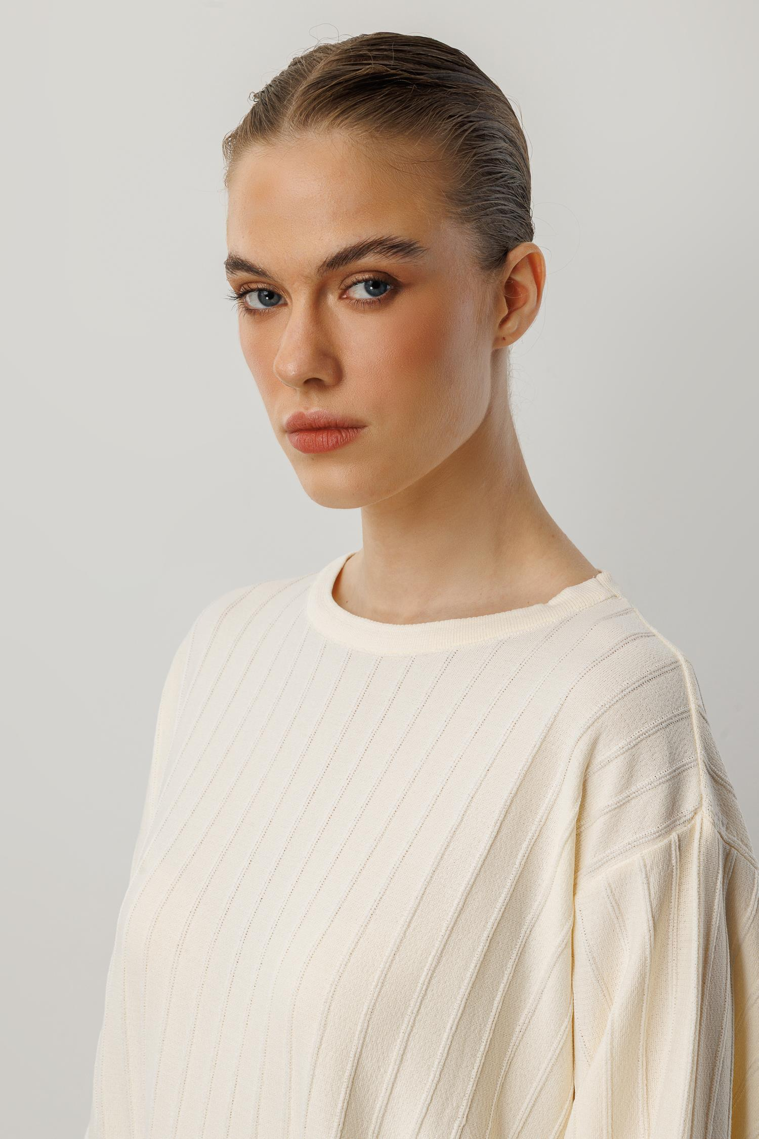 Çizgi Desen Pamuklu Triko Tunik-KREM