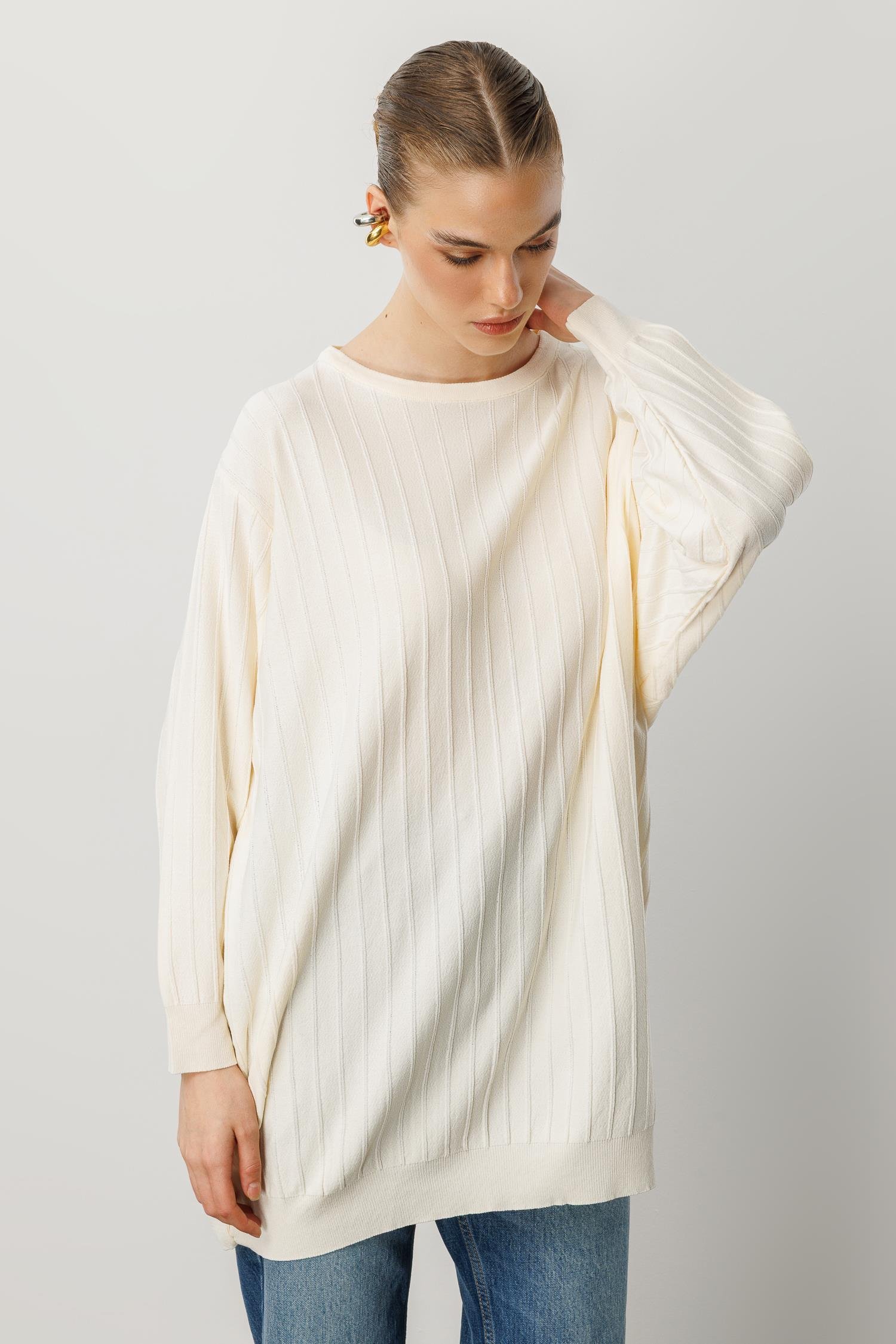 Çizgi Desen Pamuklu Triko Tunik-KREM