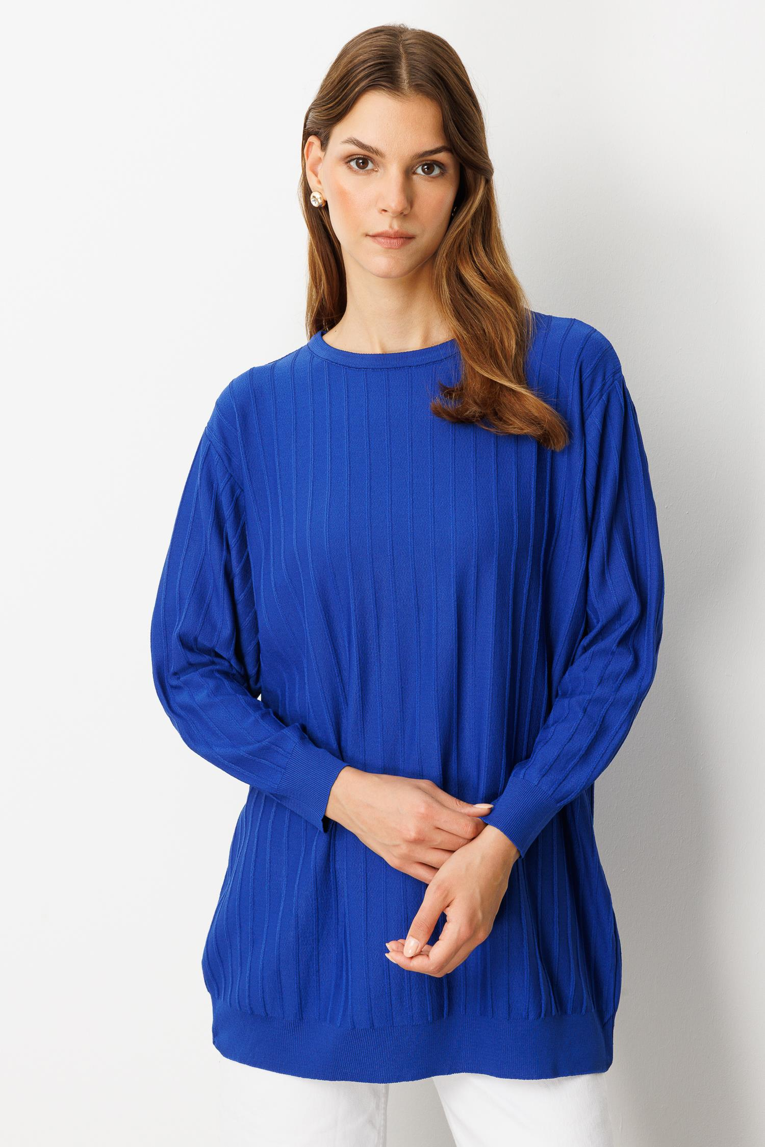 Çizgi Desen Pamuklu Triko Tunik-SAX