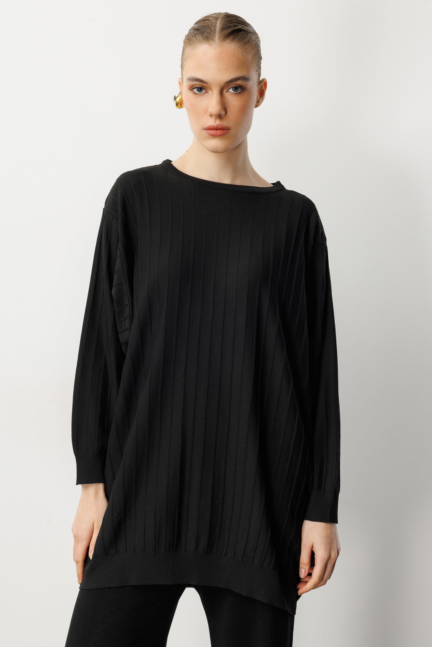 Çizgi Desen Pamuklu Triko Tunik-SİYAH