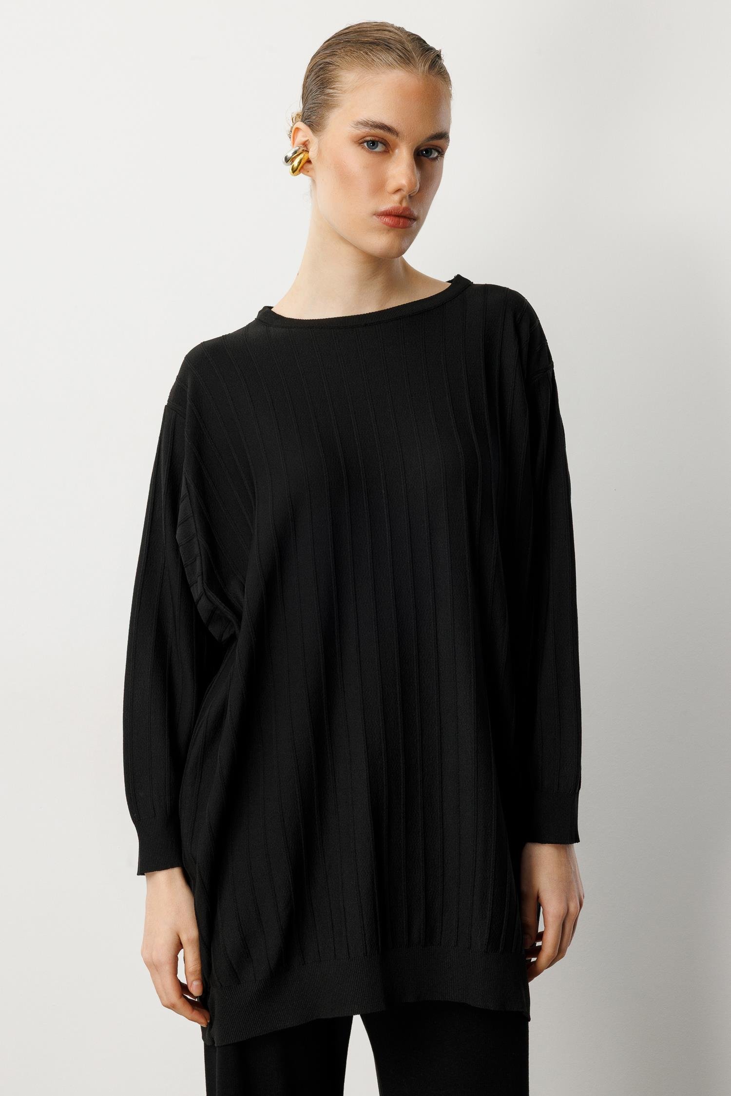 Çizgi Desen Pamuklu Triko Tunik-SİYAH