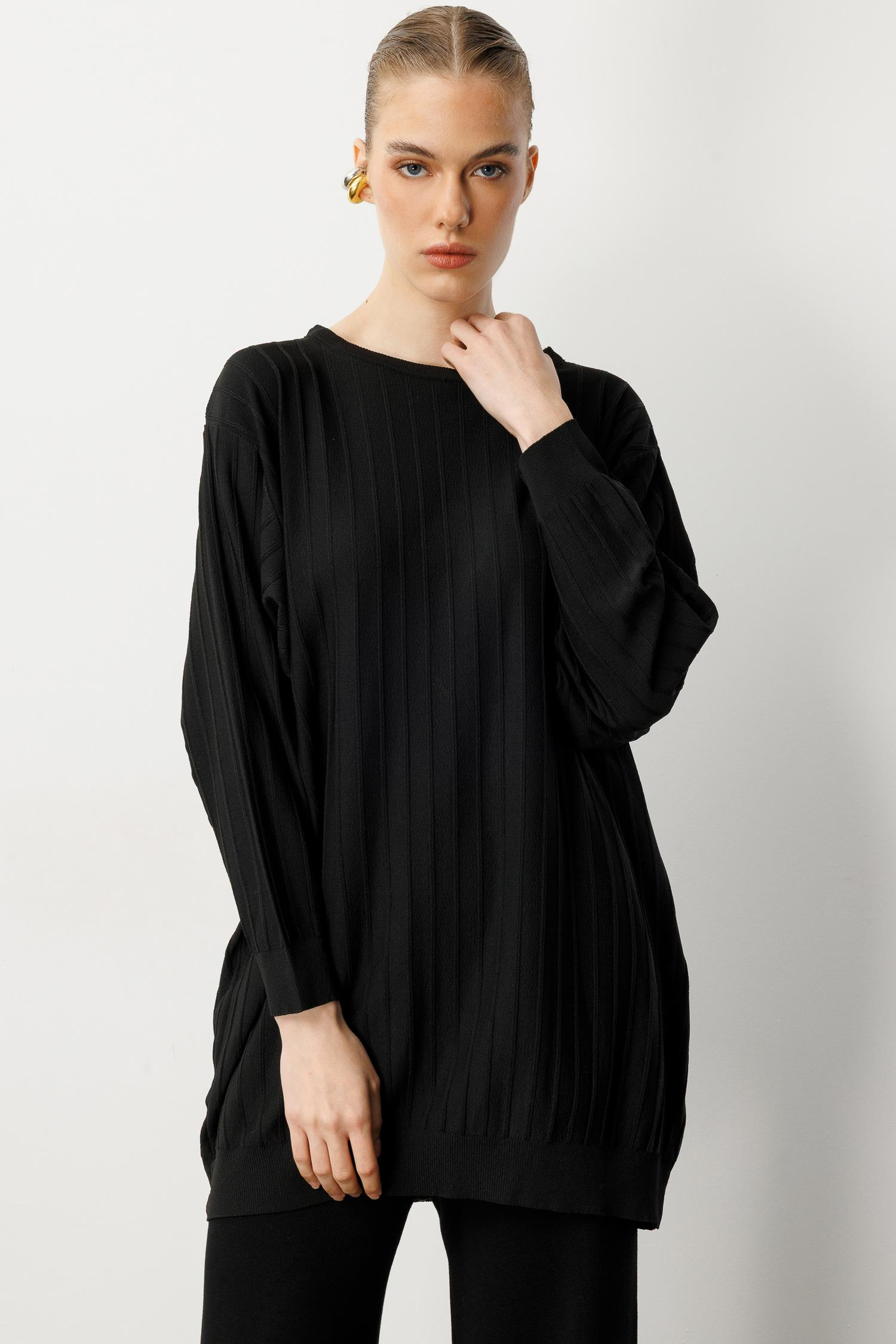 Çizgi Desen Pamuklu Triko Tunik-SİYAH