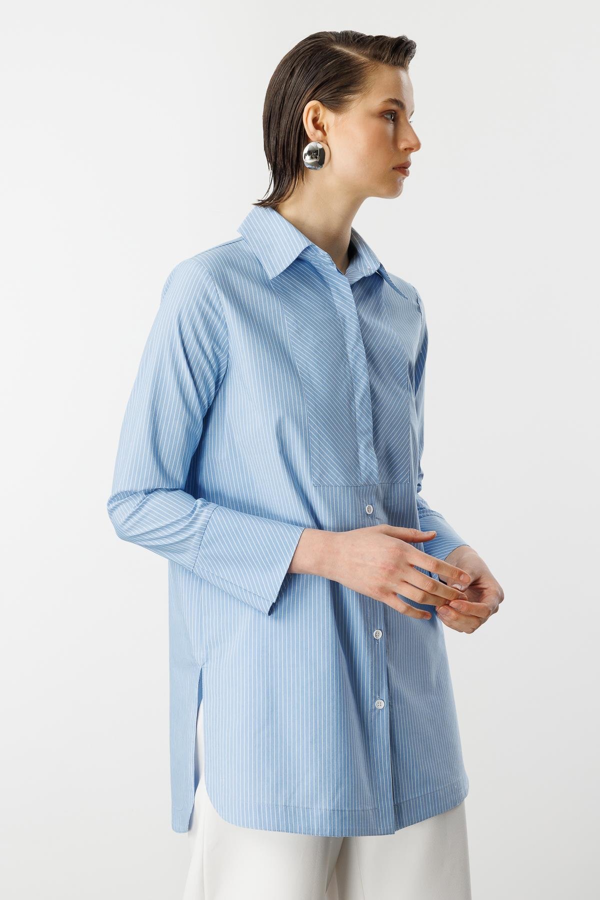 Çizgi Desen Pamuklu Uzun Gömlek-MAVİ