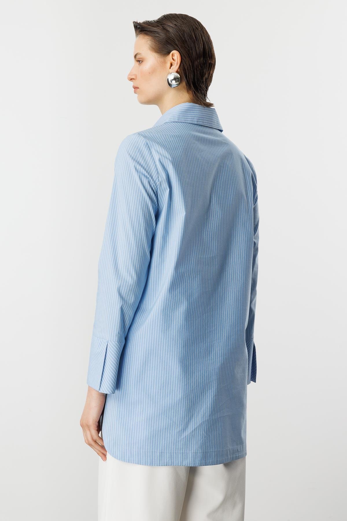 Çizgi Desen Pamuklu Uzun Gömlek-MAVİ