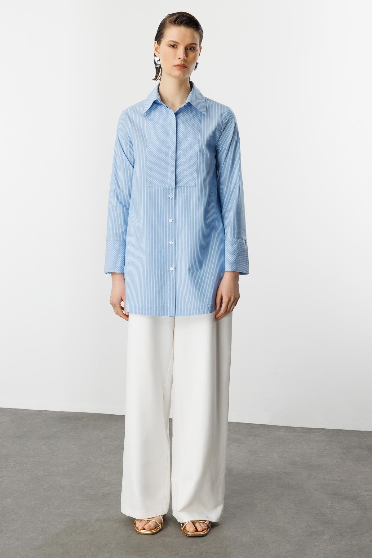 Çizgi Desen Pamuklu Uzun Gömlek-MAVİ