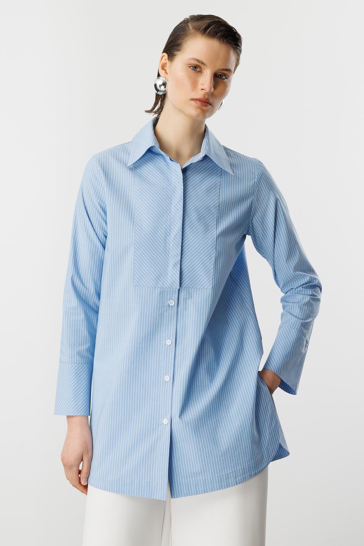 Çizgi Desen Pamuklu Uzun Gömlek-MAVİ