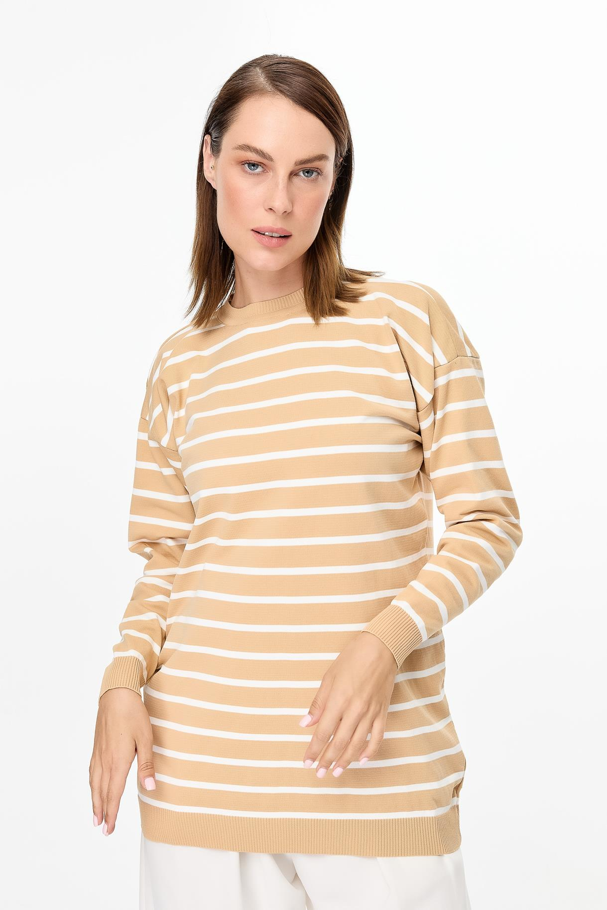 Çizgili Basic Triko Tunik - BİSKÜVİ