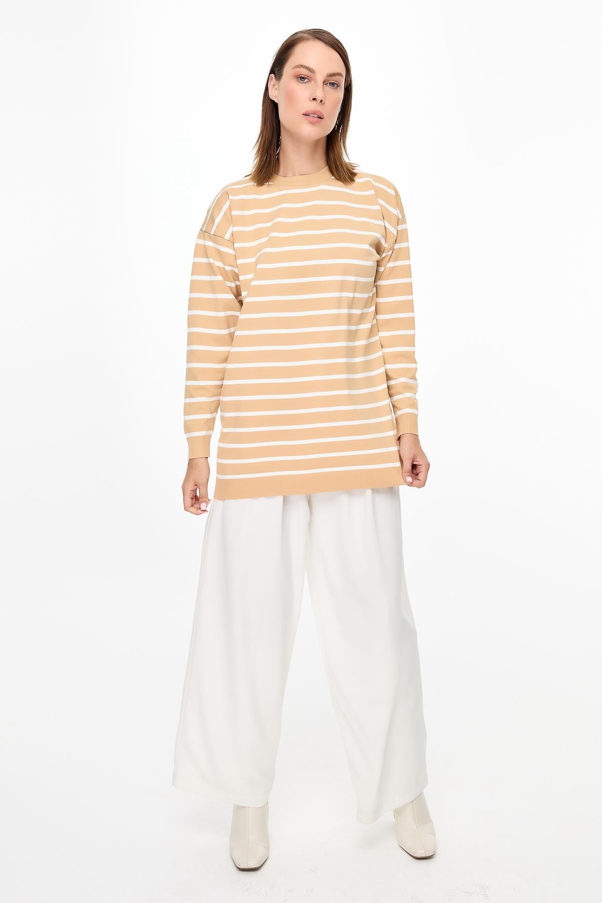 Çizgili Basic Triko Tunik - BİSKÜVİ