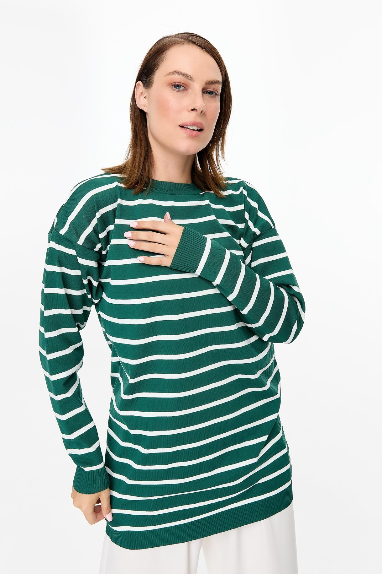 Çizgili Basic Triko Tunik - YEŞİL