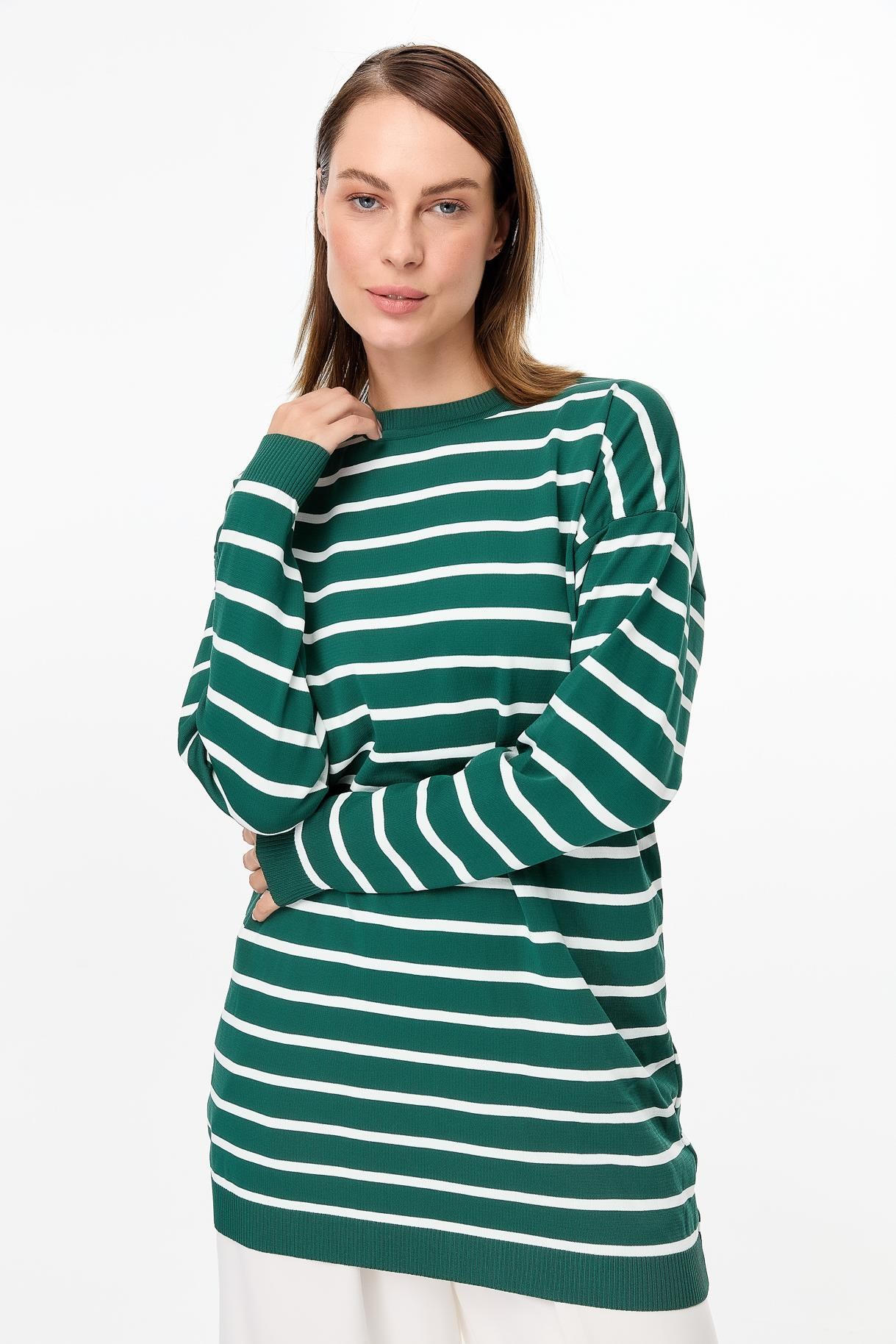 Çizgili Basic Triko Tunik - YEŞİL