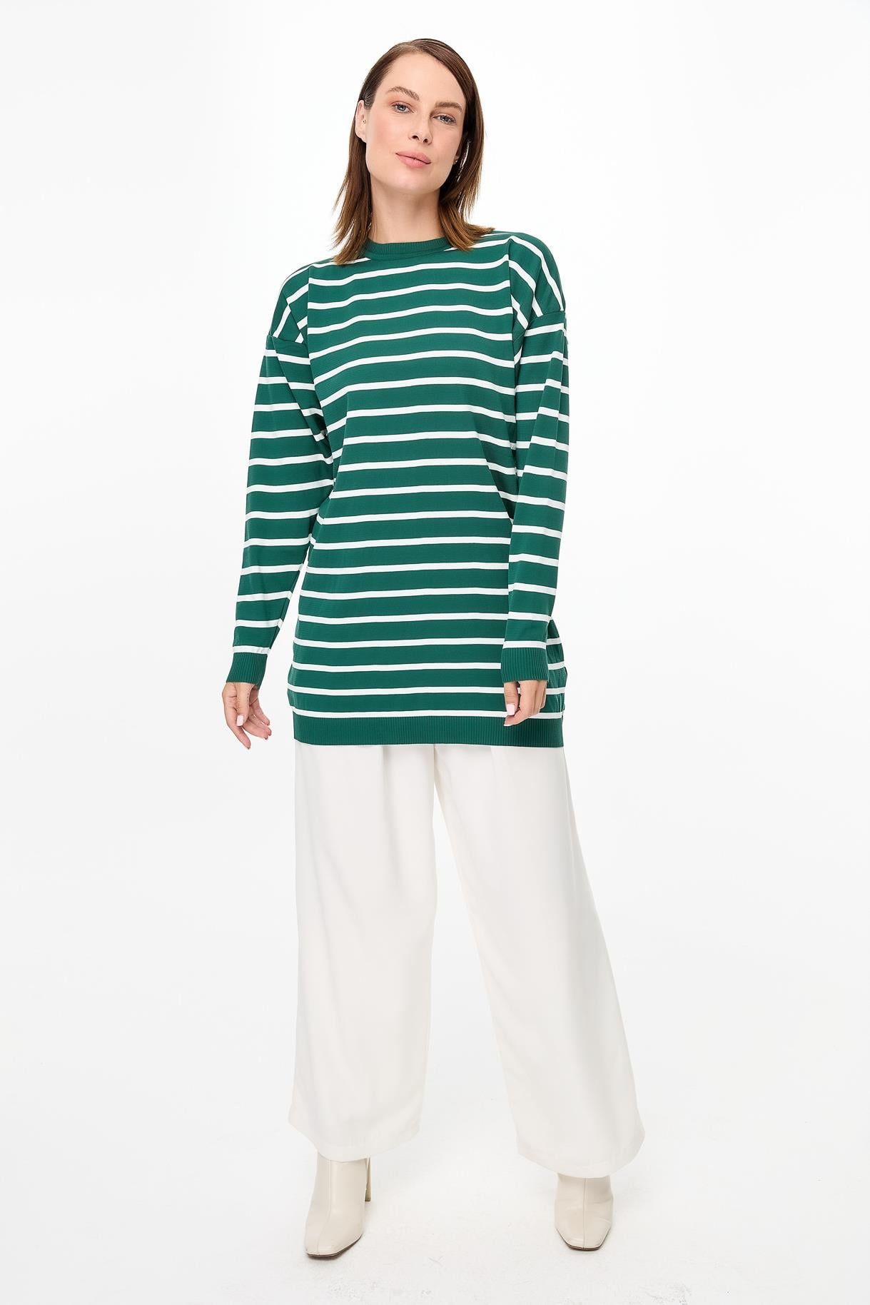 Çizgili Basic Triko Tunik - YEŞİL