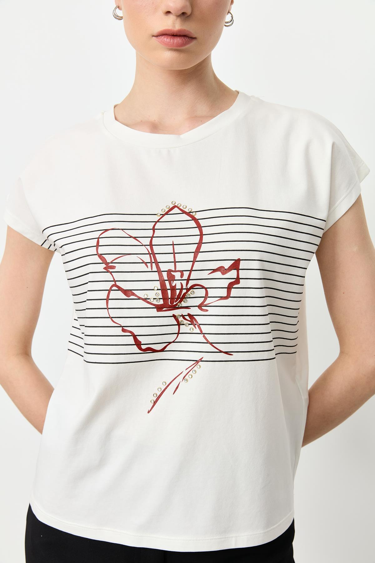 Çizgili Çiçek Desen Pamuklu Bluz-BORDO/SİYAH