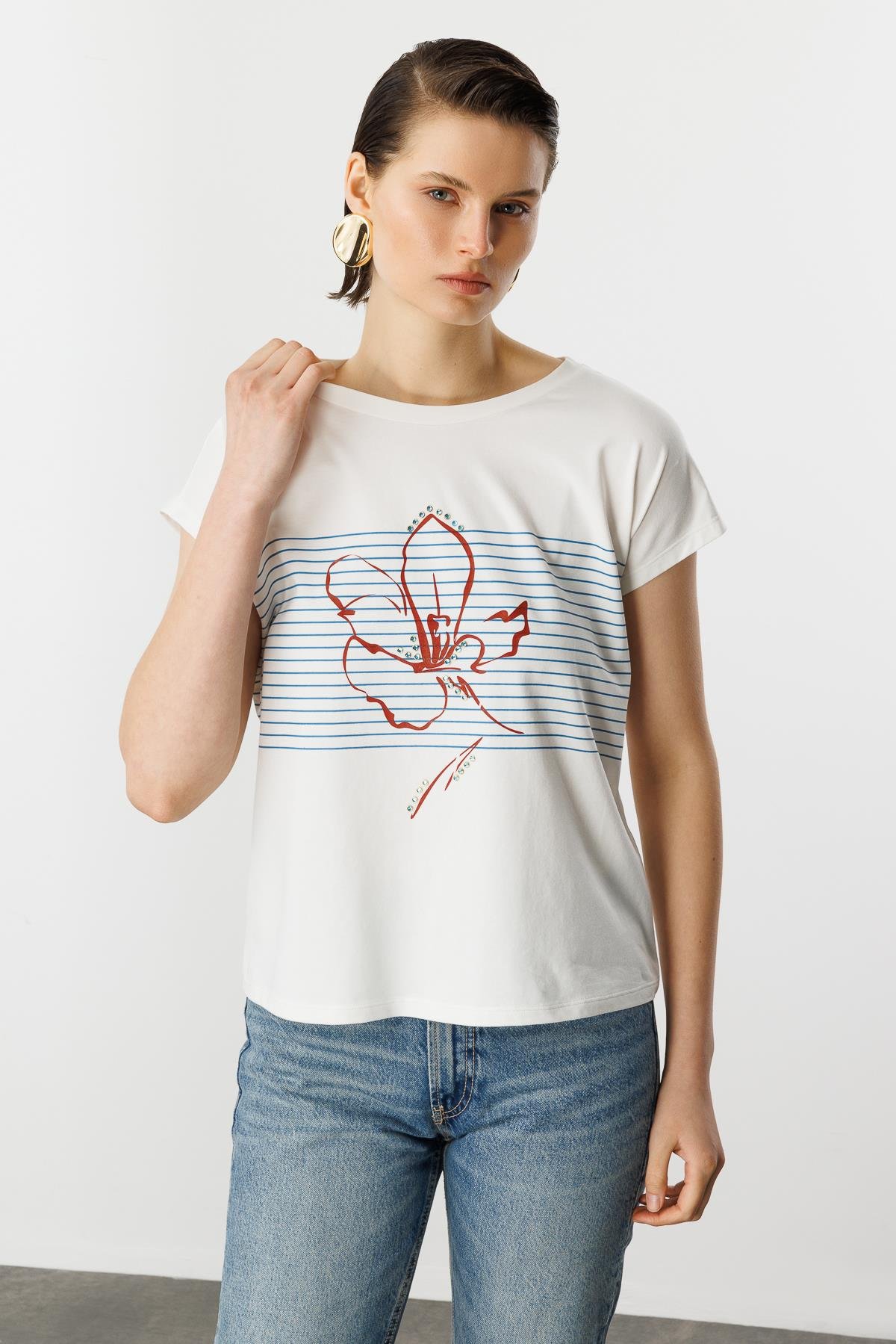 Çizgili Çiçek Desen Pamuklu Bluz-MAVİ